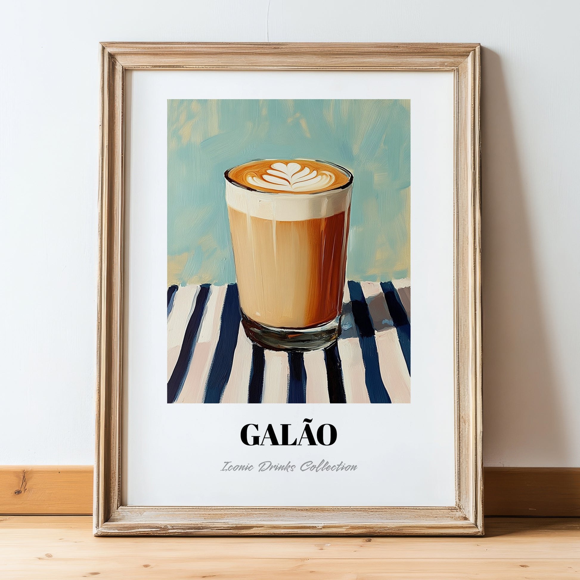 Galão – on Striped Tablecloth, Portuguese Coffee Wall Decor, in wooden frame leaning on the floor