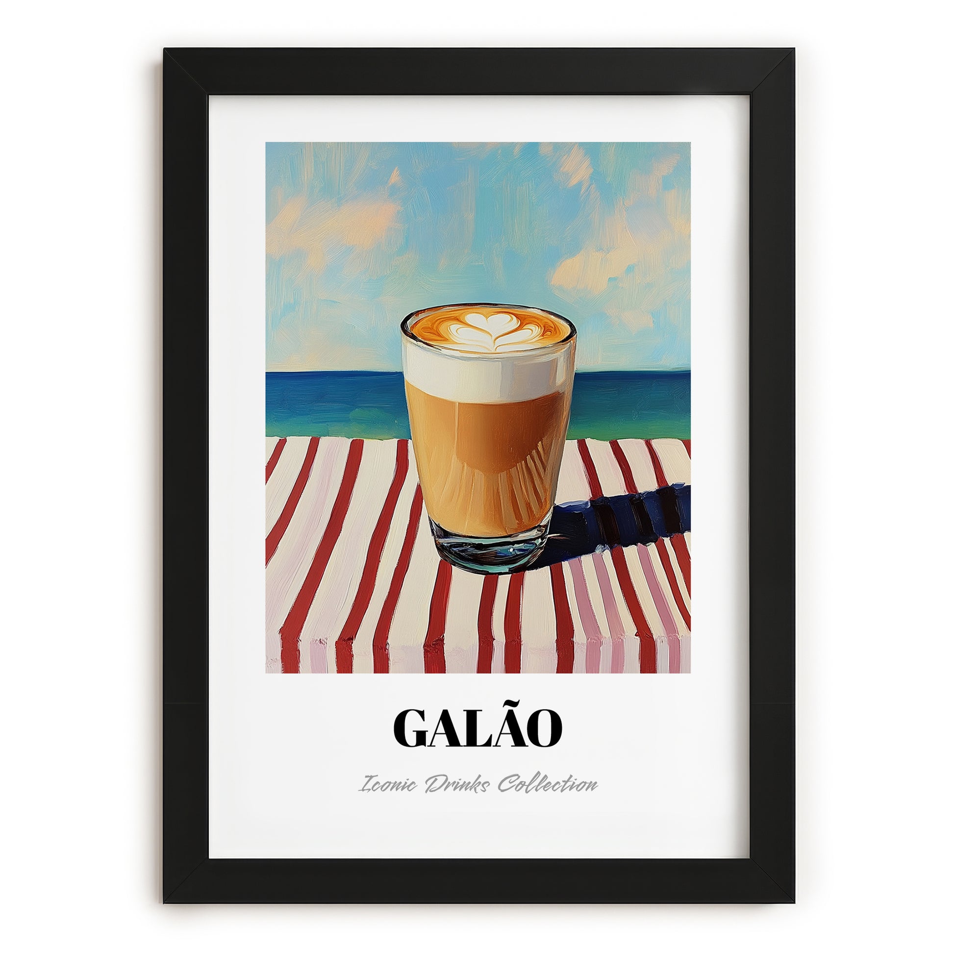 Galão – Portuguese Coastal Café Moment, Portuguese Coffee Painting, in sleek black frame