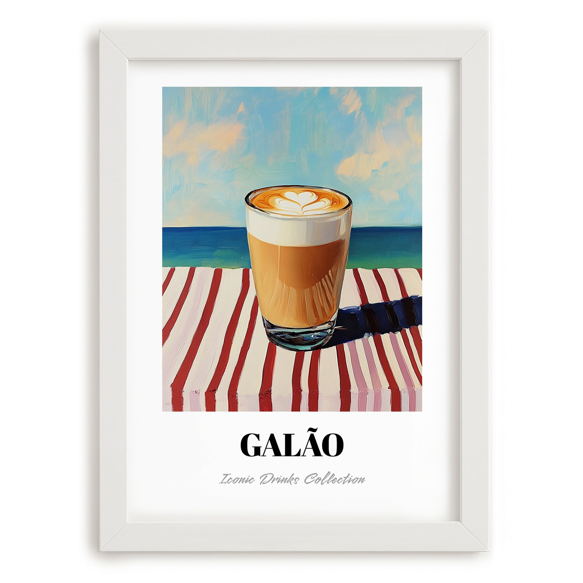 Galão – Portuguese Coastal Café Moment, Portuguese Coffee Painting, placed in minimal white frame
