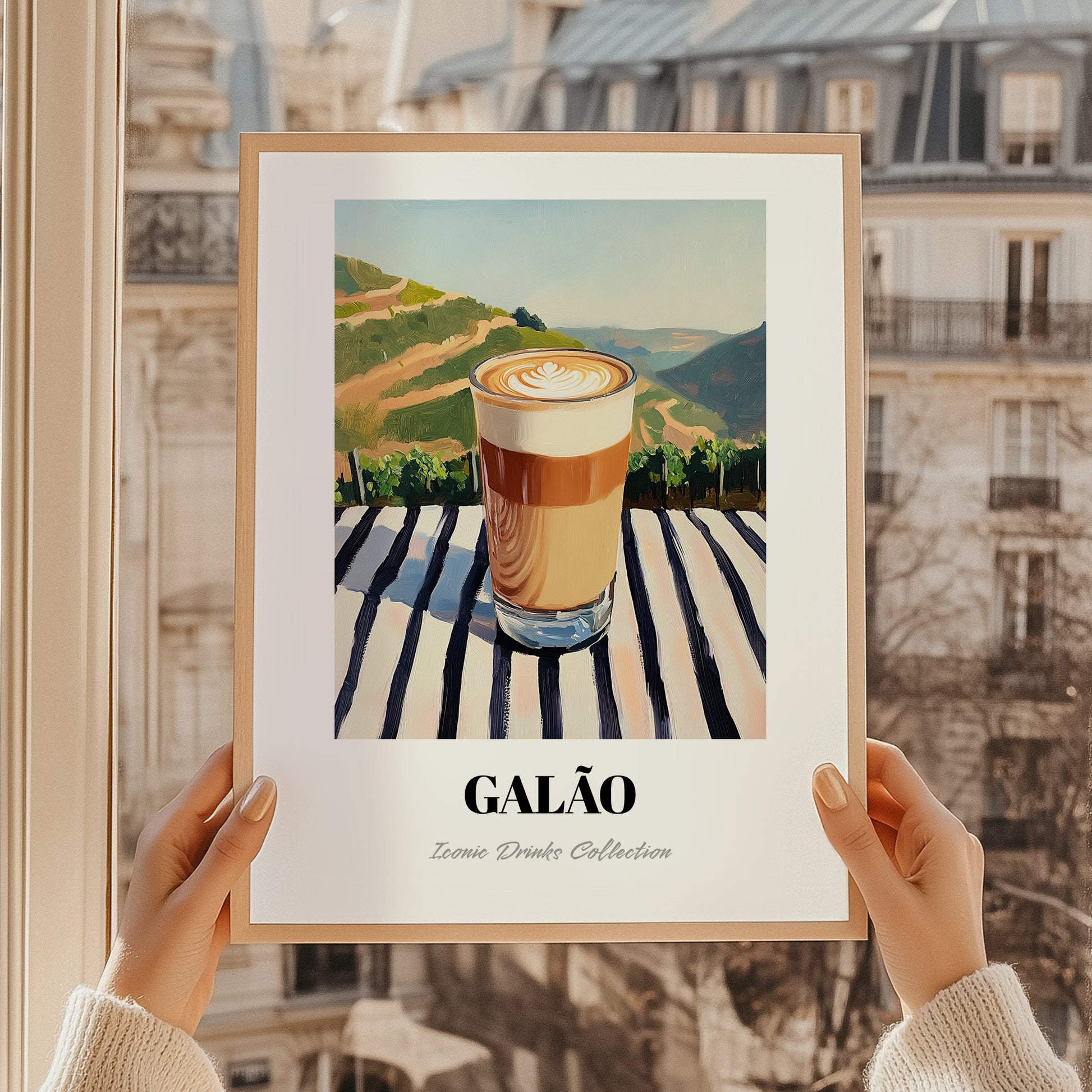 Galão – Portuguese Hillside Café View, Portuguese Coffee Illustration, styled in a charming Paris street view
