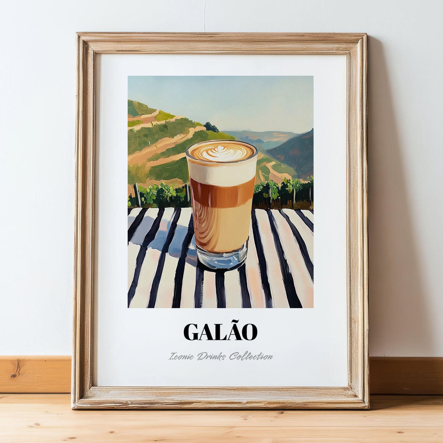 Galão – Portuguese Hillside Café View, Portuguese Coffee Illustration, in wooden frame leaning on the floor