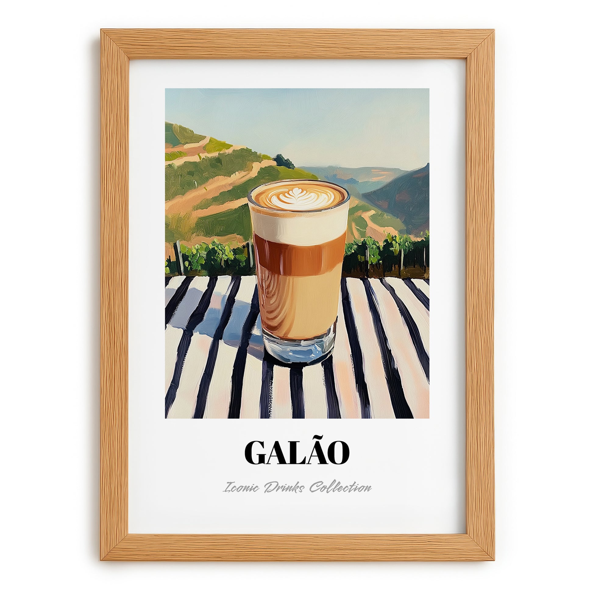 Galão – Portuguese Hillside Café View, Portuguese Coffee Illustration, set in oak frame