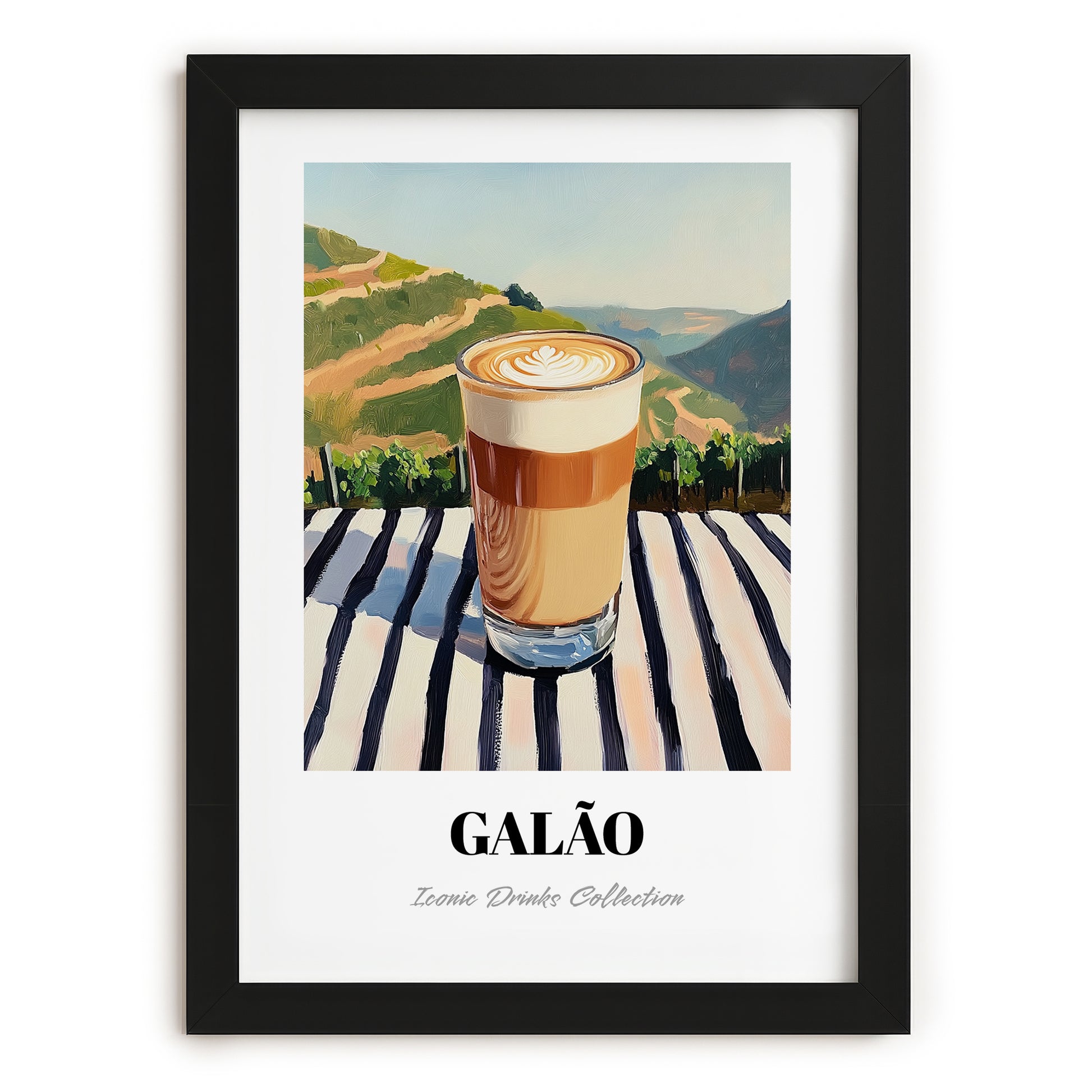 Galão – Portuguese Hillside Café View, Portuguese Coffee Illustration, in sleek black frame