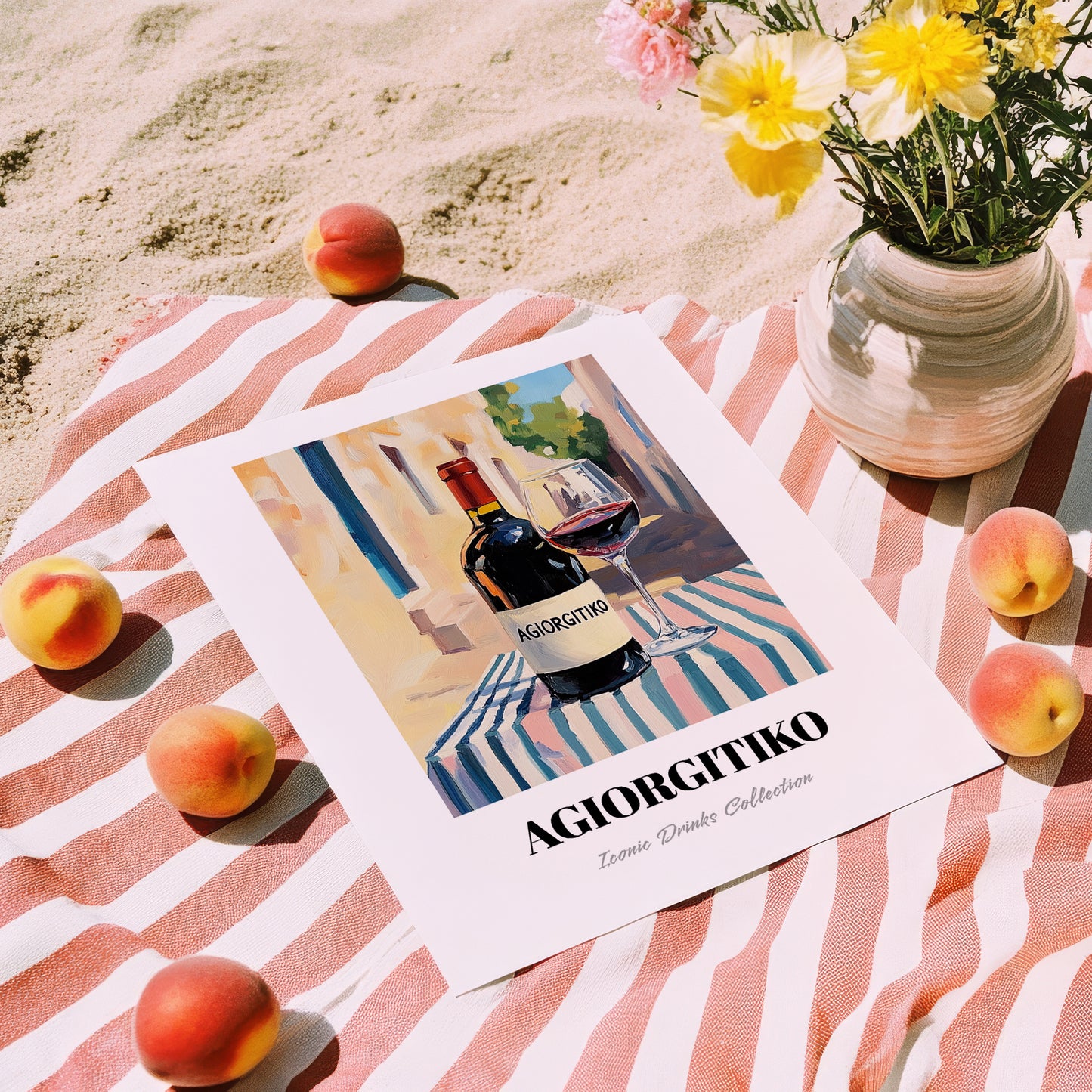 Agiorgitiko – Greek Café on the Corner, Greek Wine Wall Decor, unframed on coastal sand