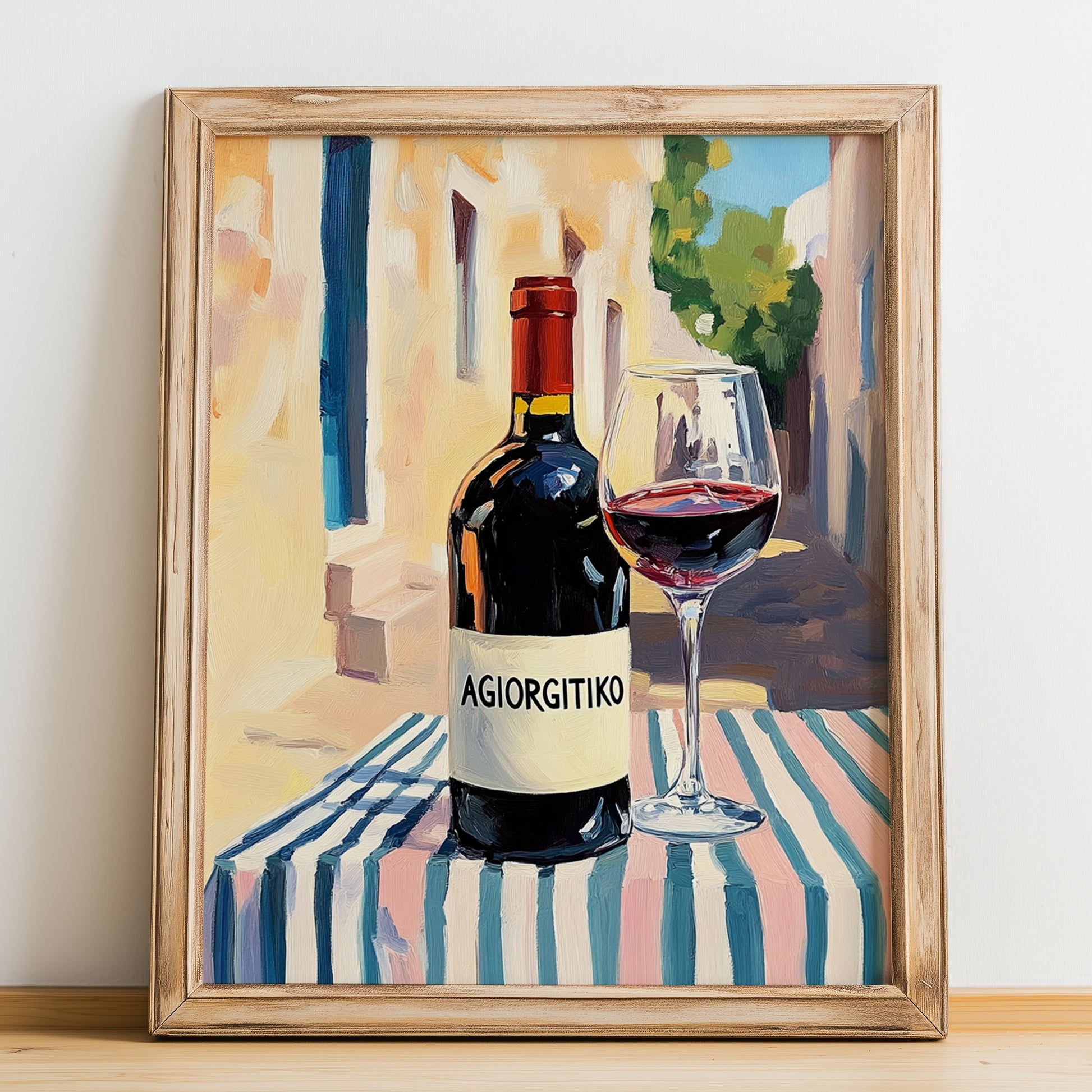 Agiorgitiko – Greek Café on the Corner, Greek Wine Wall Decor, no-text version framed in wood