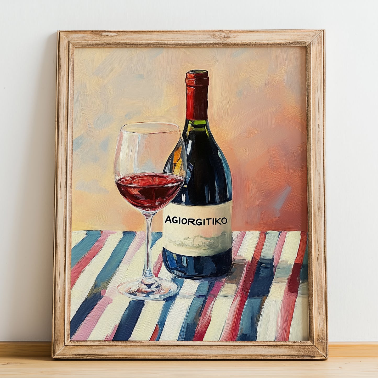 Agiorgitiko – on Striped Tablecloth, Greek Wine Wall Decor, no-text version framed in wood