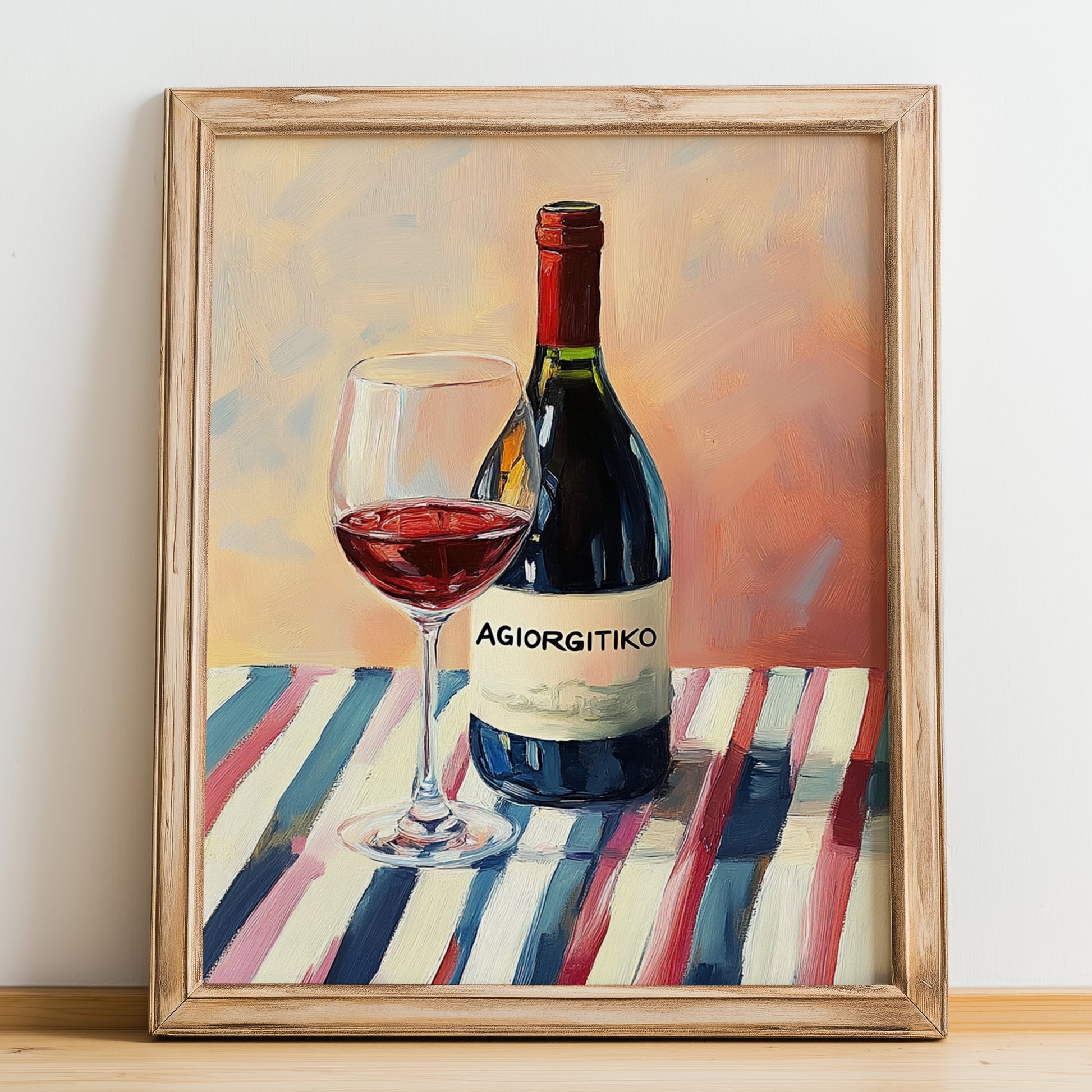Agiorgitiko – on Striped Tablecloth, Greek Wine Wall Decor, no-text version framed in wood