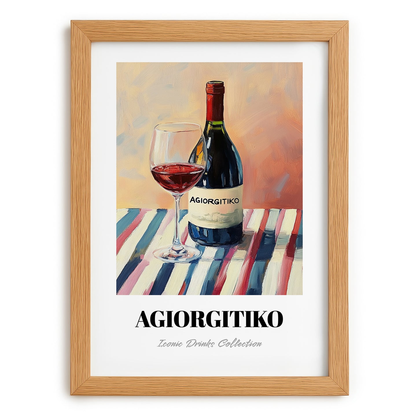 Agiorgitiko – on Striped Tablecloth, Greek Wine Wall Decor, set in oak frame
