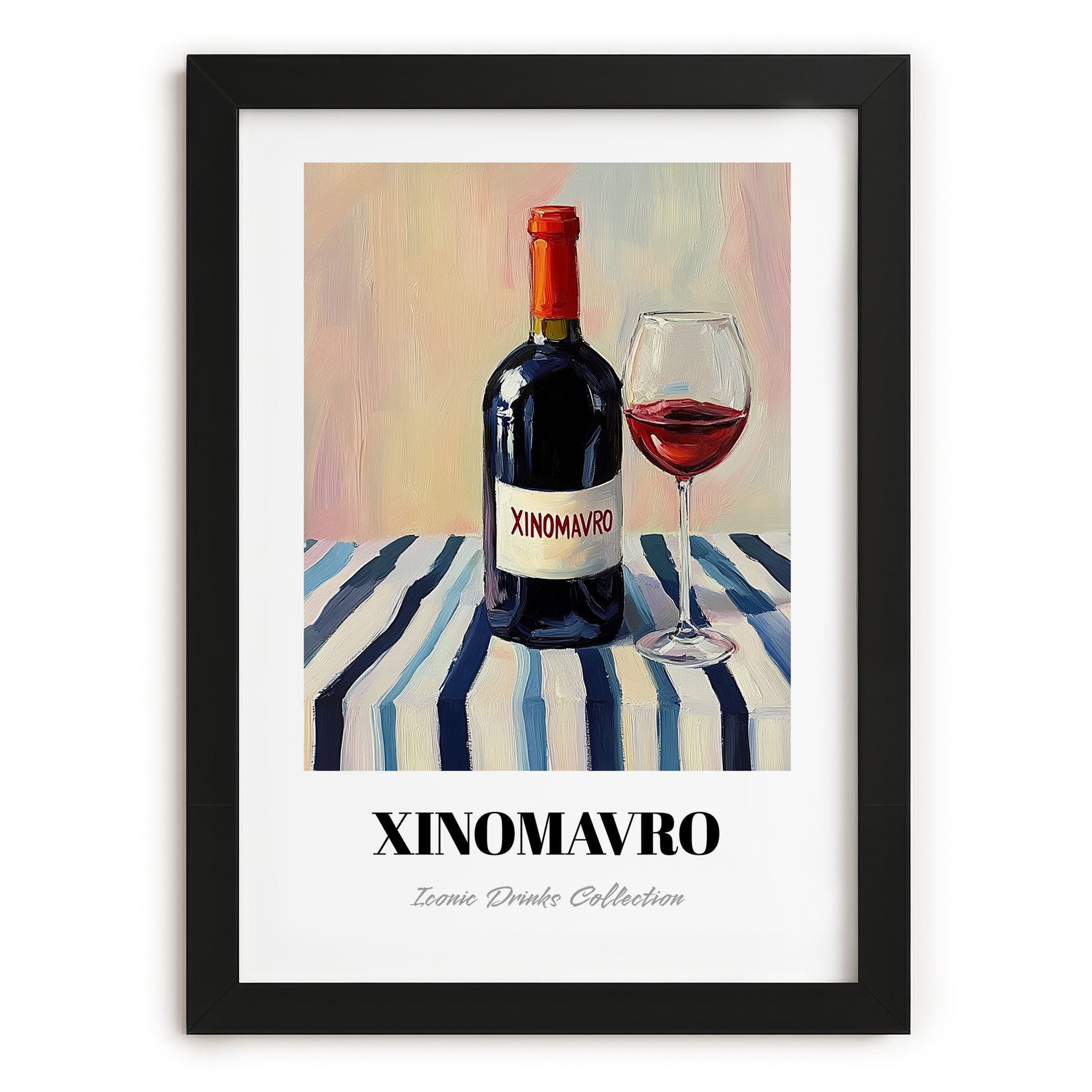 Xinomavro – on Striped Tablecloth, Greek Wine Wall Painting, in sleek black frame
