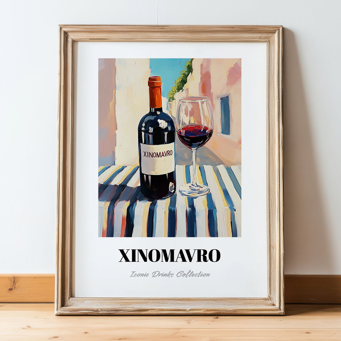 Xinomavro – Greek Street Café Scene, Greek Wine Still Life, in wooden frame leaning on the floor
