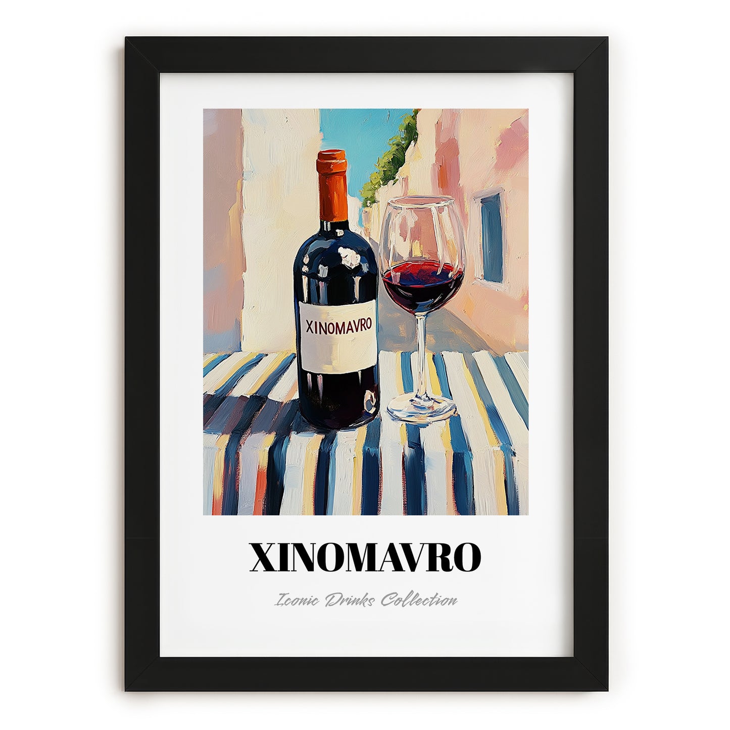 Xinomavro – Greek Street Café Scene, Greek Wine Still Life, in sleek black frame