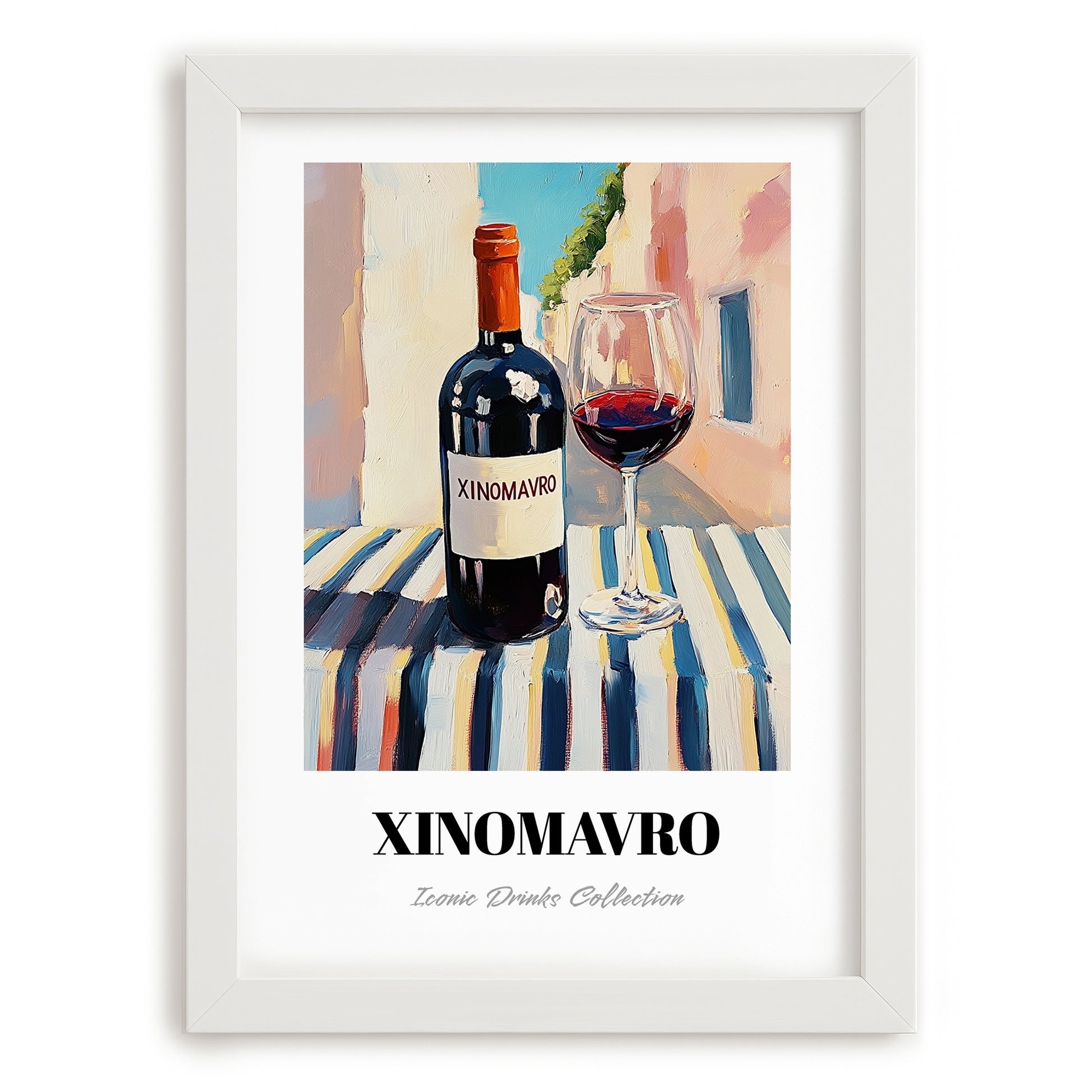 Xinomavro – Greek Street Café Scene, Greek Wine Still Life, placed in minimal white frame