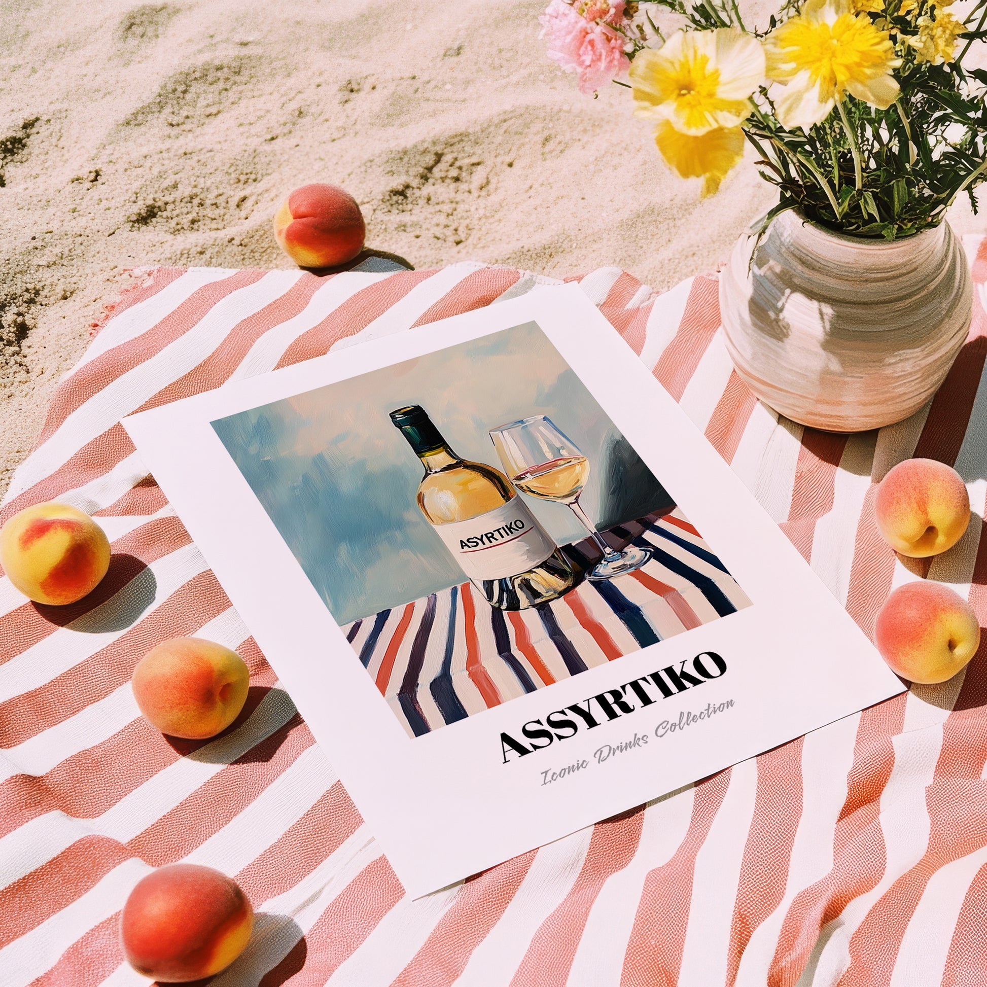 Assyrtiko – on Striped Tablecloth, Greek Wine Painting, unframed on coastal sand