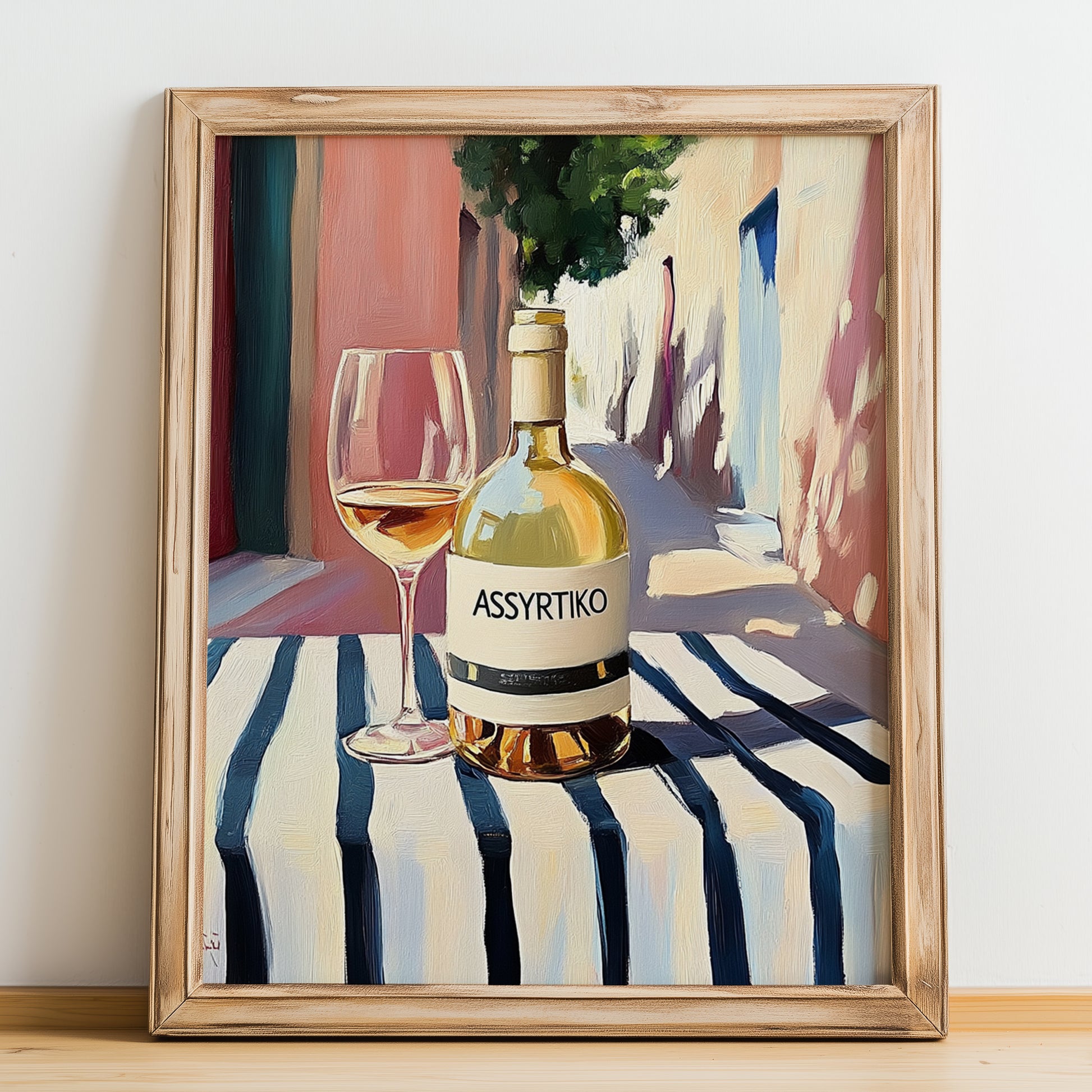 Assyrtiko – Greek Outdoor Café Scene, Greek Wine Still Life, no-text version framed in wood