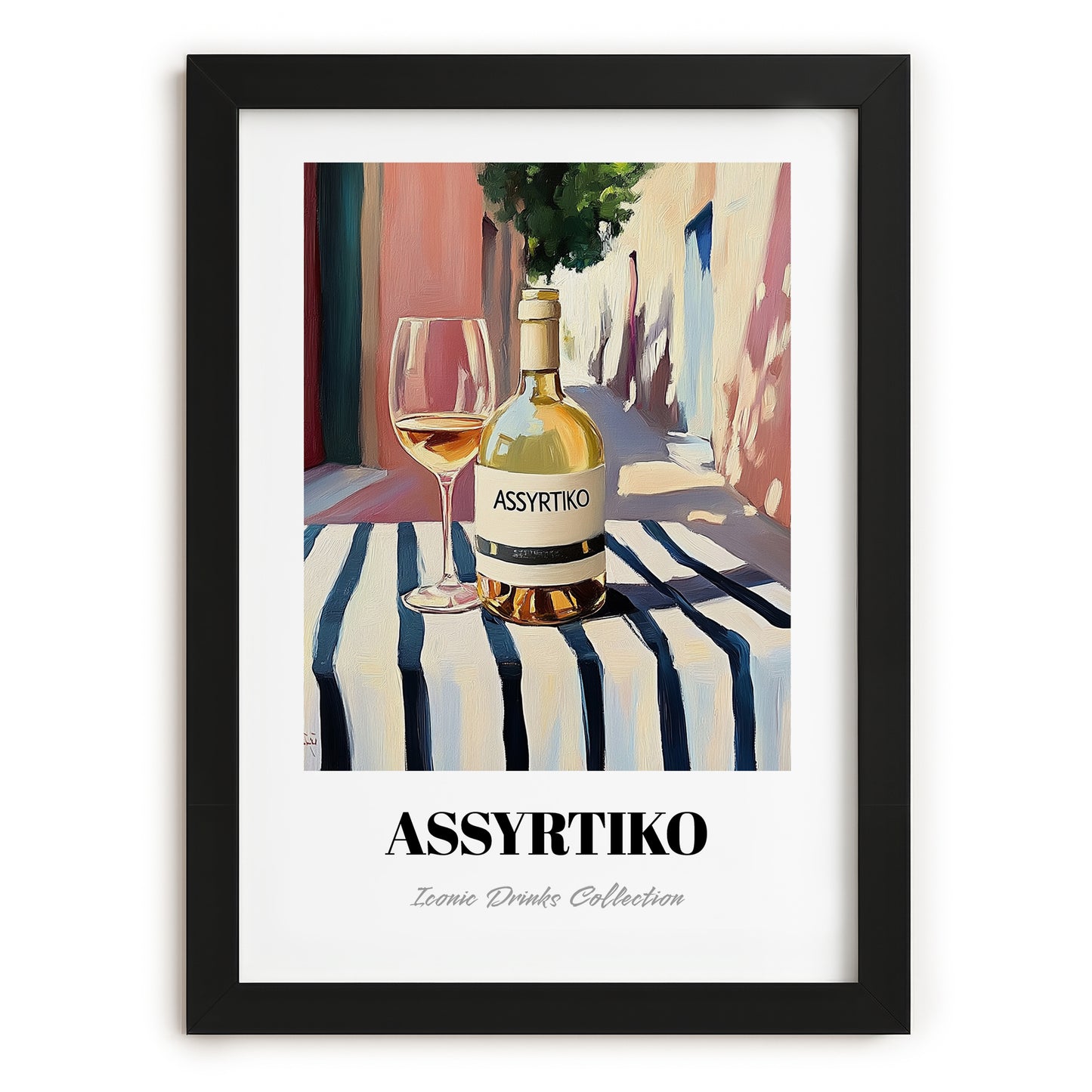 Assyrtiko – Greek Outdoor Café Scene, Greek Wine Still Life, in sleek black frame