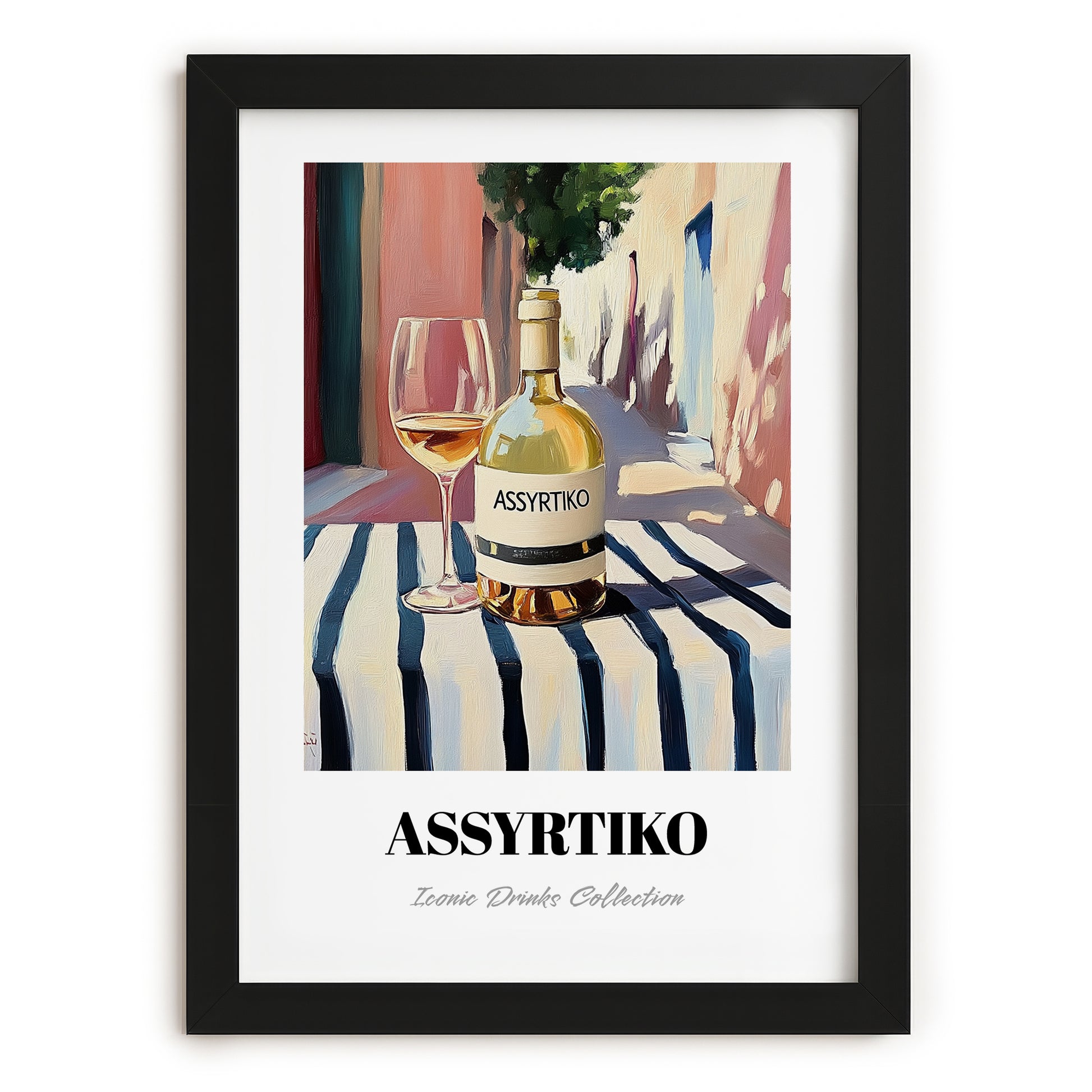 Assyrtiko – Greek Outdoor Café Scene, Greek Wine Still Life, in sleek black frame