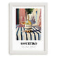 Assyrtiko – Greek Outdoor Café Scene, Greek Wine Still Life, placed in minimal white frame