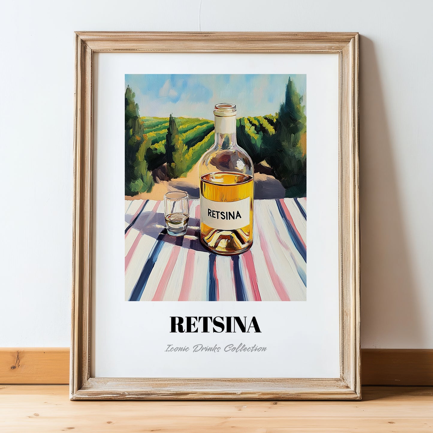 Retsina – Greek Hilltop Table Scene, Greek Wine Still Life, in wooden frame leaning on the floor