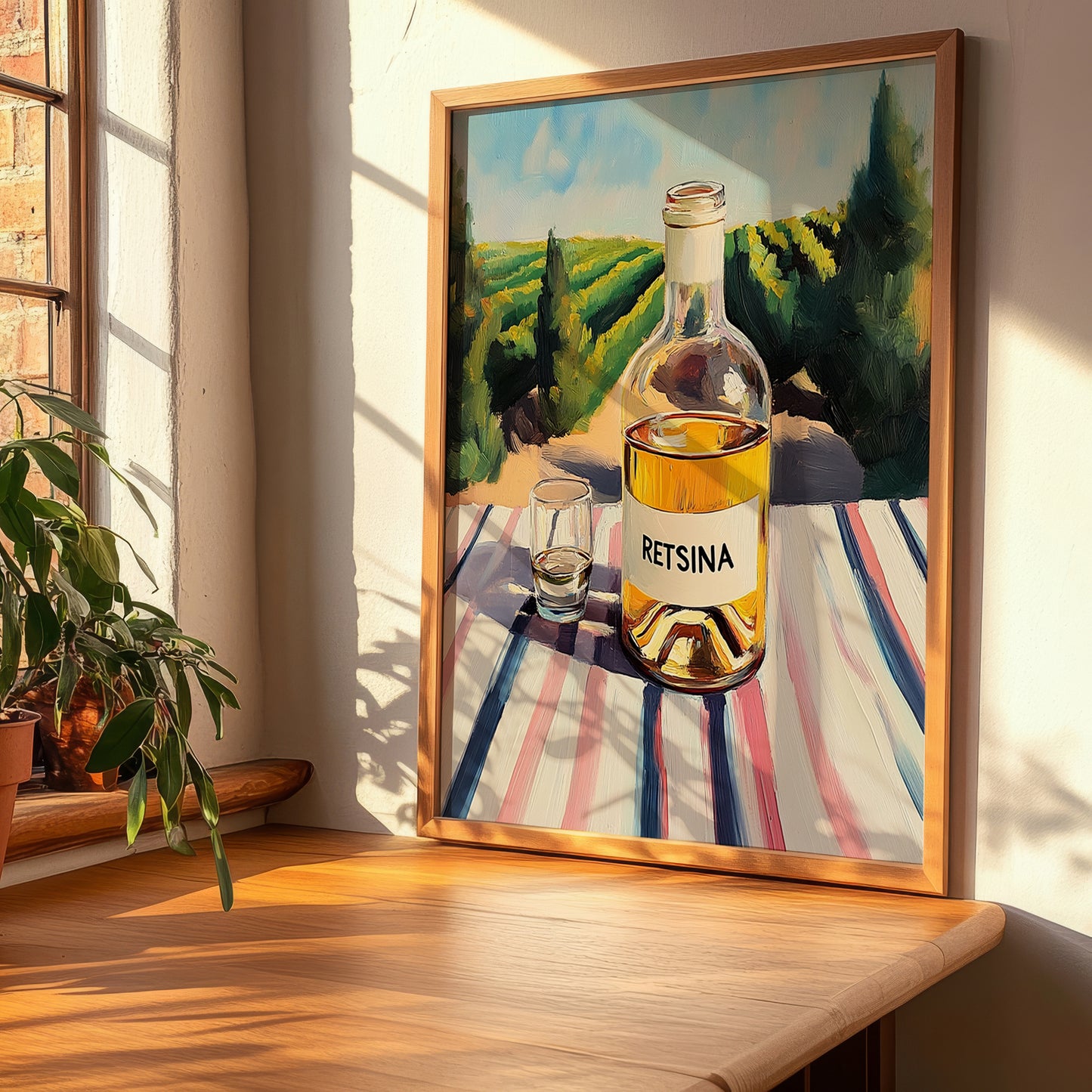 Retsina – Greek Hilltop Table Scene, Greek Wine Still Life, clean layout with no caption