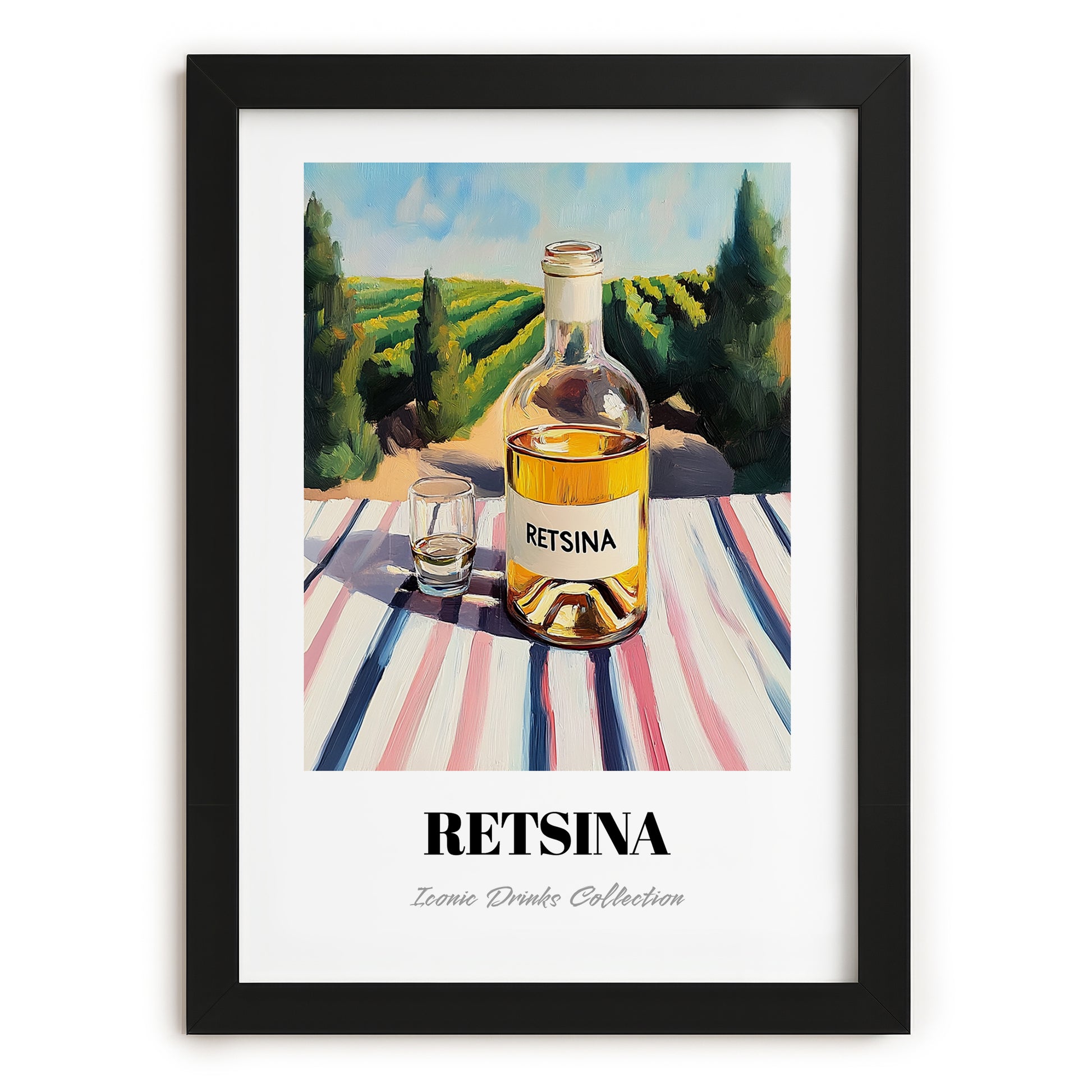 Retsina – Greek Hilltop Table Scene, Greek Wine Still Life, in sleek black frame