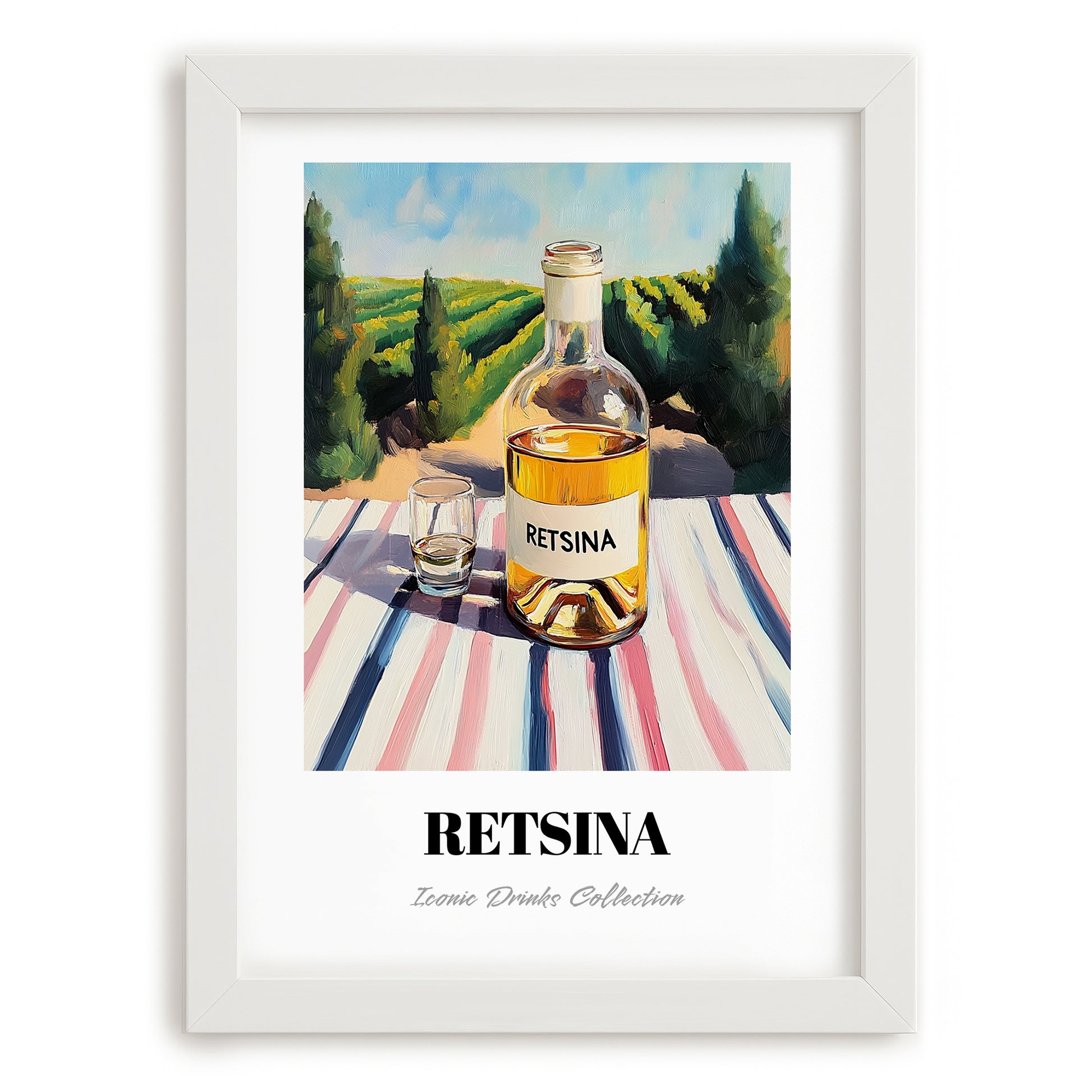 Retsina – Greek Hilltop Table Scene, Greek Wine Still Life, placed in minimal white frame
