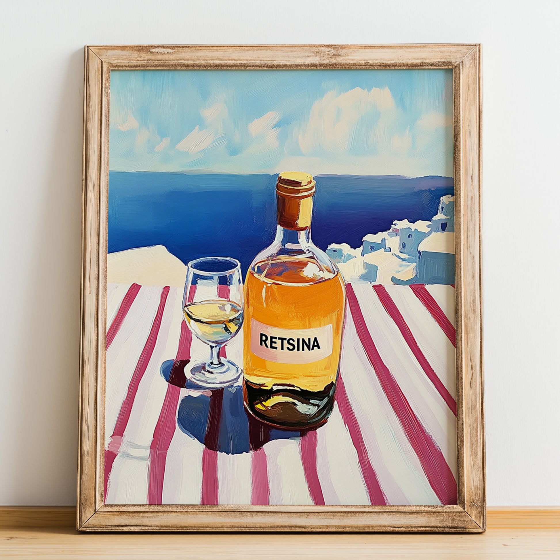 Retsina – Greek Coastal Table, Greek Wine Illustration, no-text version framed in wood