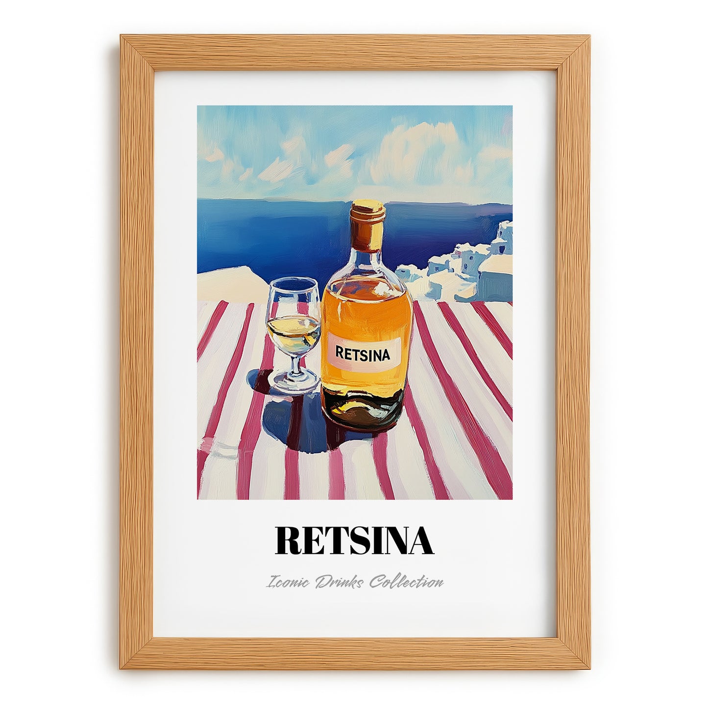 Retsina – Greek Coastal Table, Greek Wine Illustration, set in oak frame