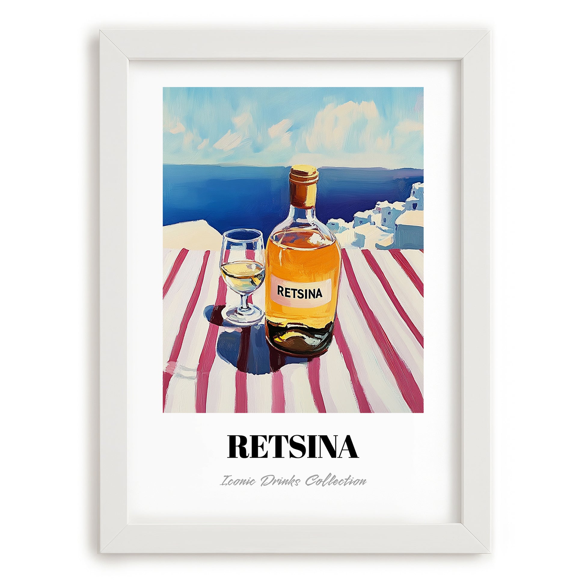 Retsina – Greek Coastal Table, Greek Wine Illustration, placed in minimal white frame