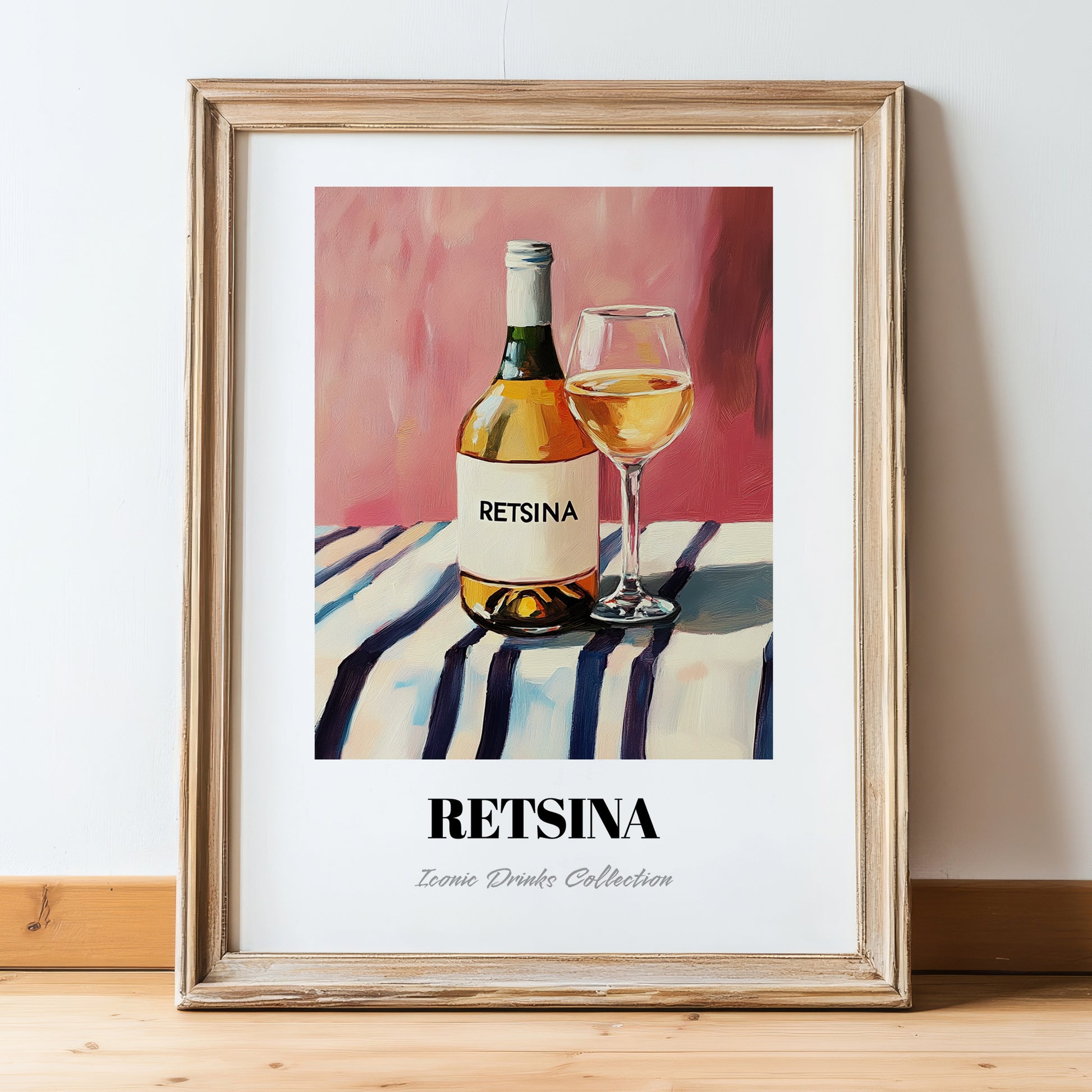 Retsina – on Striped Tablecloth, Greek Wine Wall Poster, in wooden frame leaning on the floor