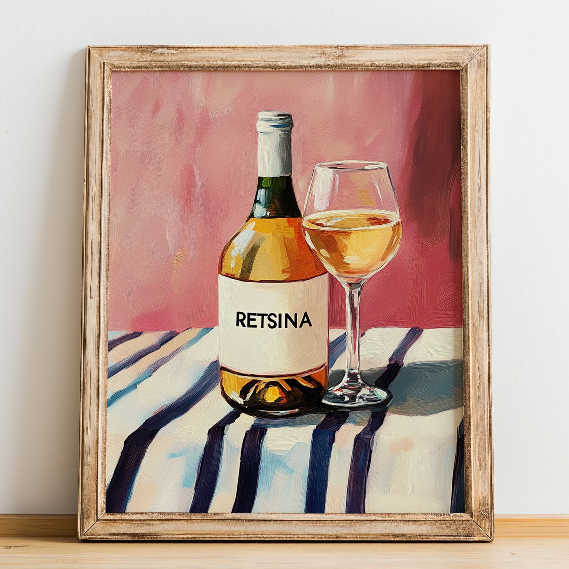 Retsina – on Striped Tablecloth, Greek Wine Wall Poster, no-text version framed in wood