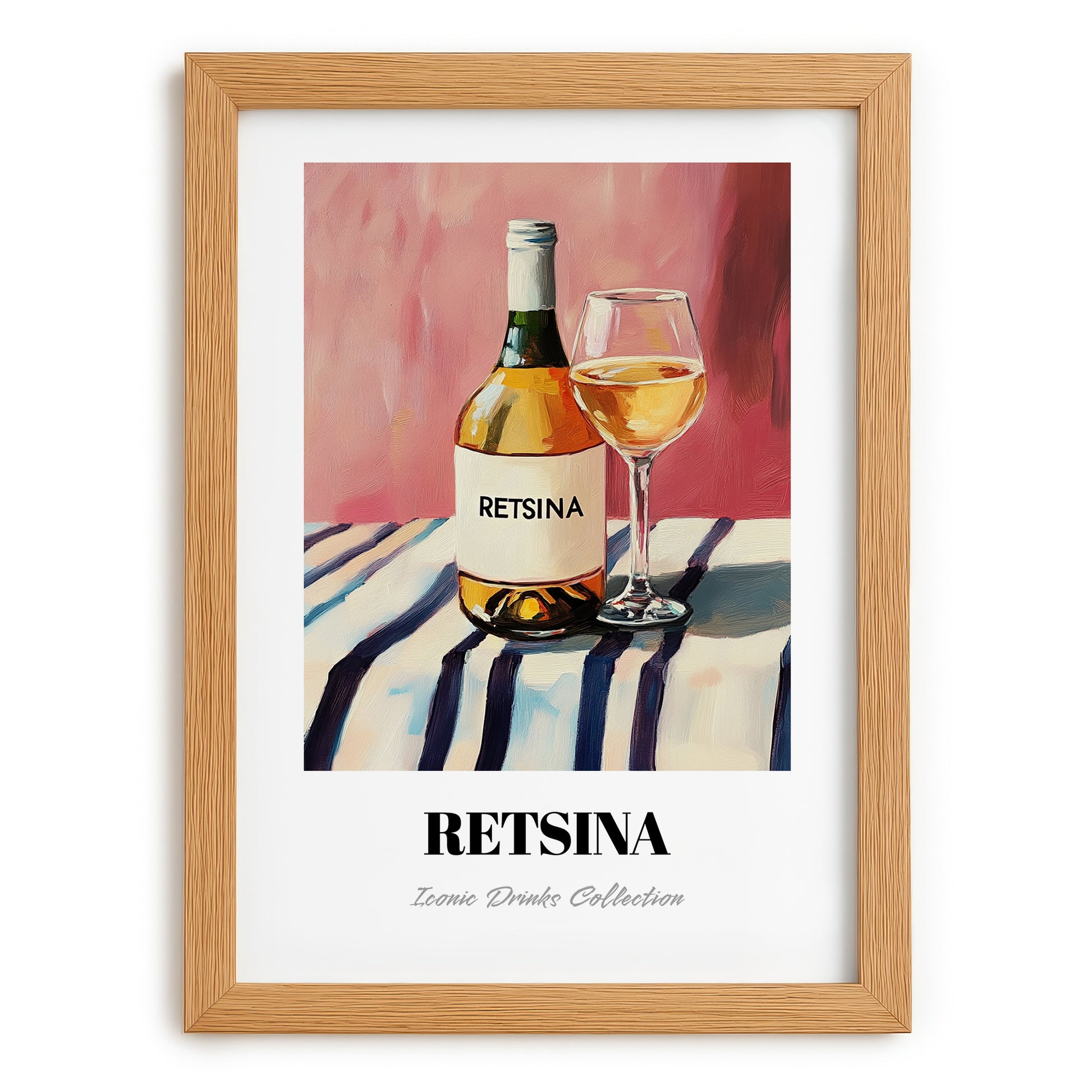 Retsina – on Striped Tablecloth, Greek Wine Wall Poster, set in oak frame