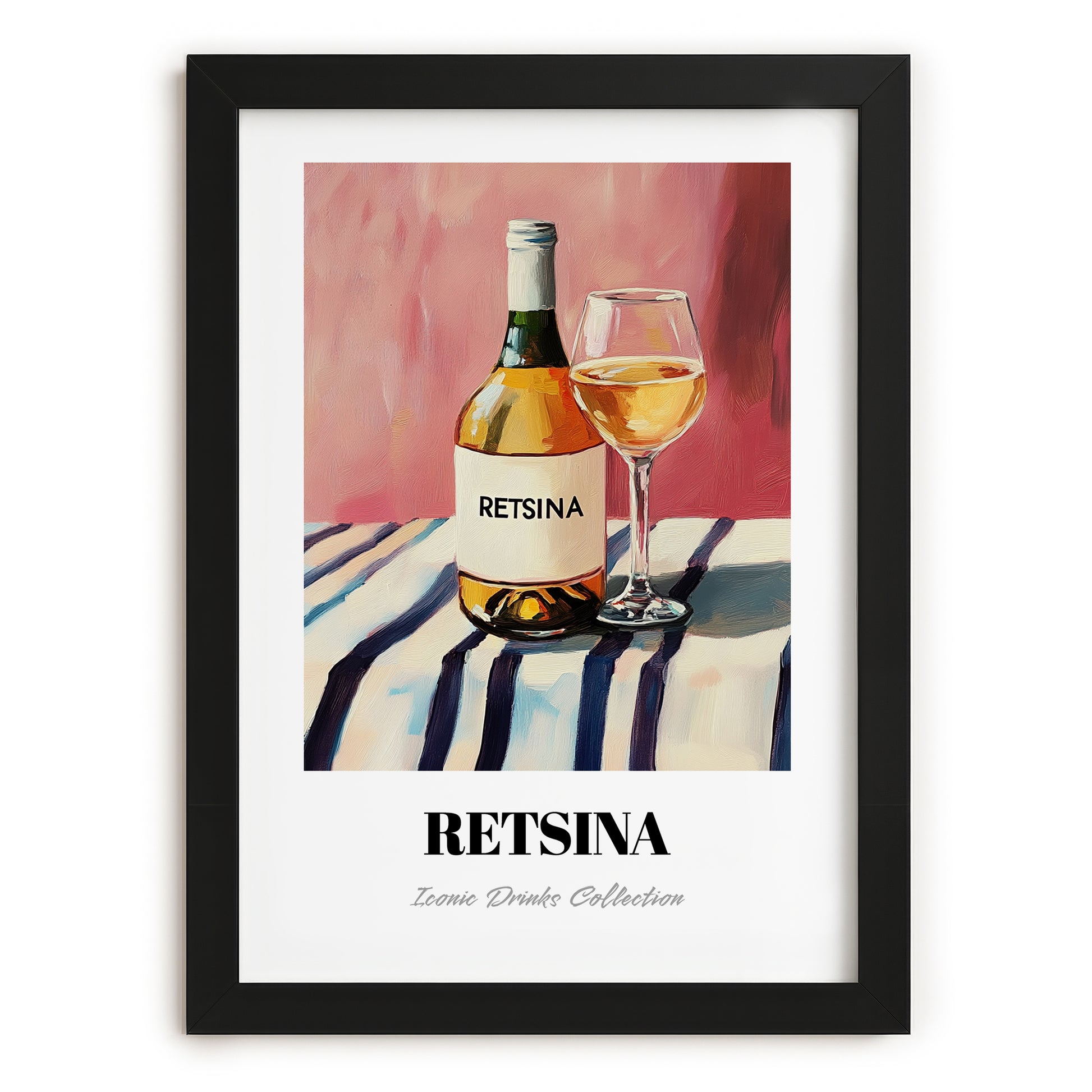 Retsina – on Striped Tablecloth, Greek Wine Wall Poster, in sleek black frame