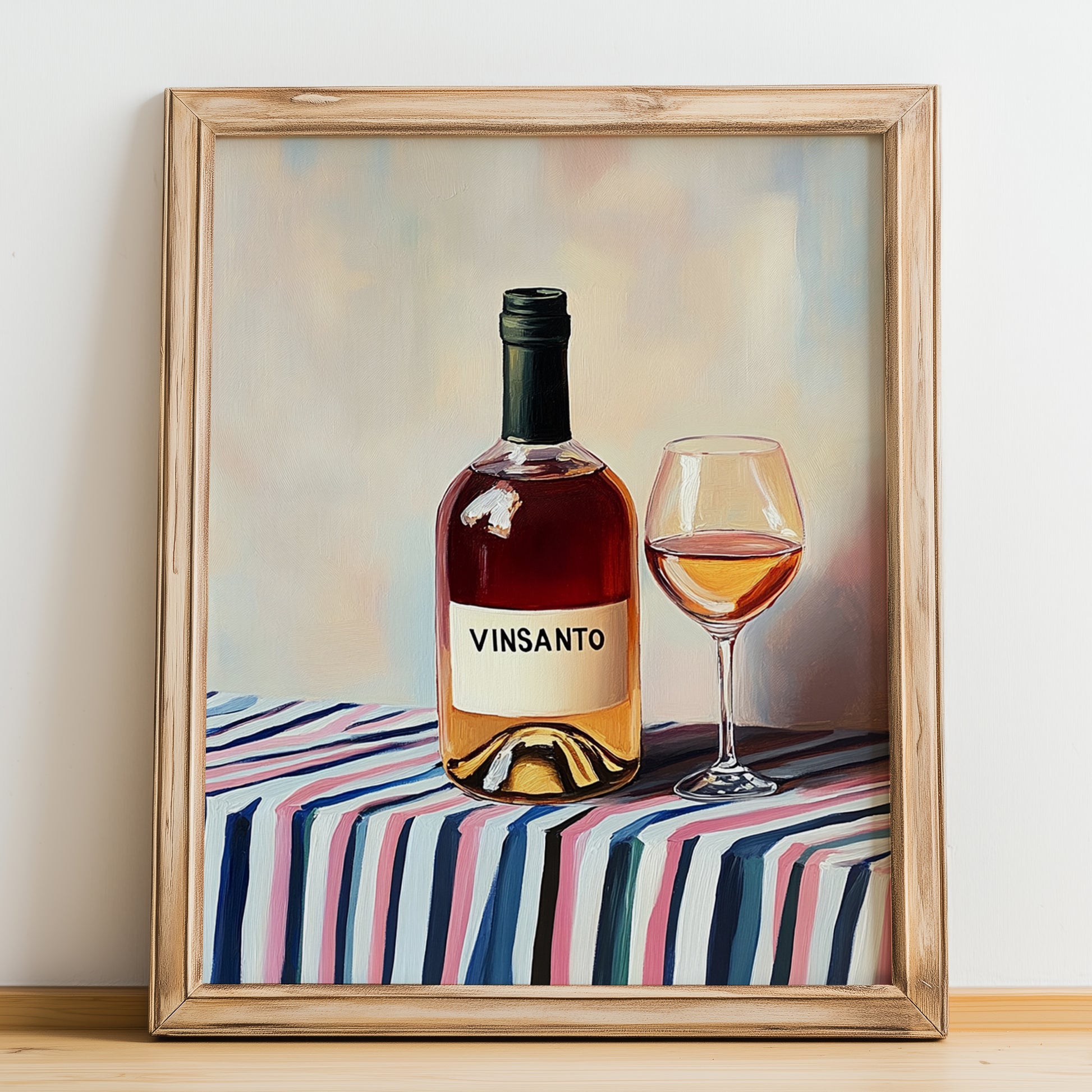 Vinsanto – on Striped Tablecloth, Greek Wine Painting, no-text version framed in wood