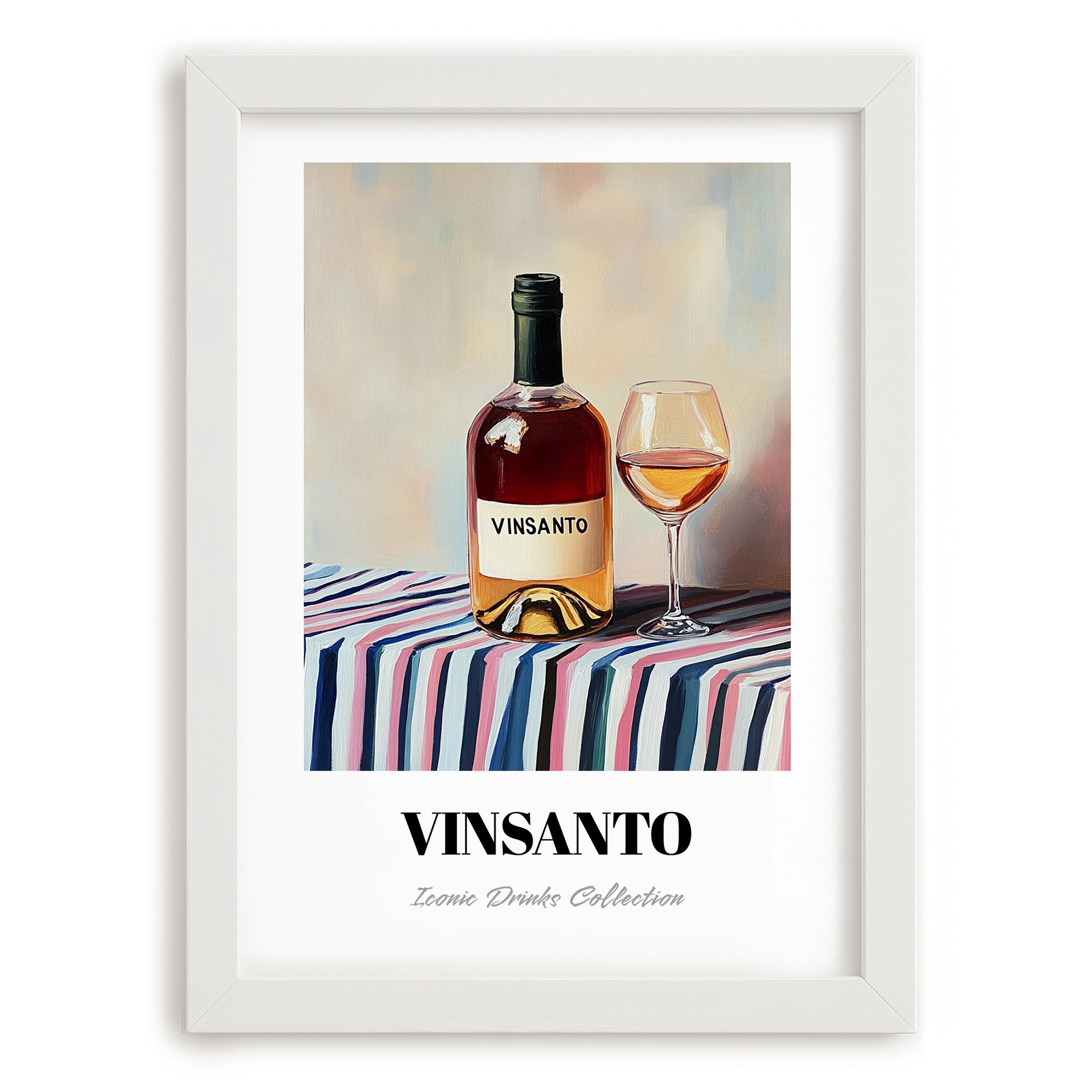 Vinsanto – on Striped Tablecloth, Greek Wine Painting, placed in minimal white frame