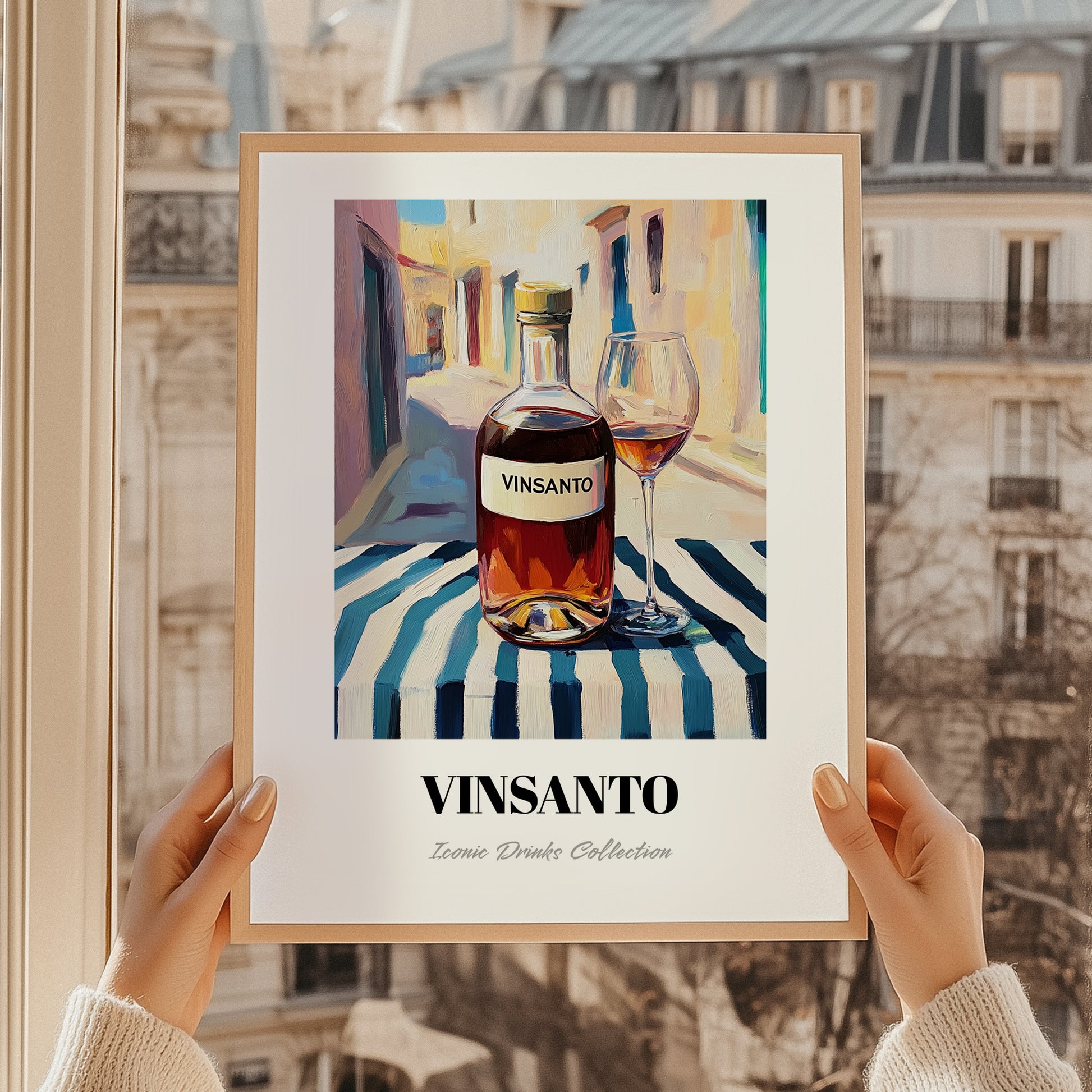 Vinsanto – Greek Urban Café Scene, Greek Wine Poster, styled in a charming Paris street view