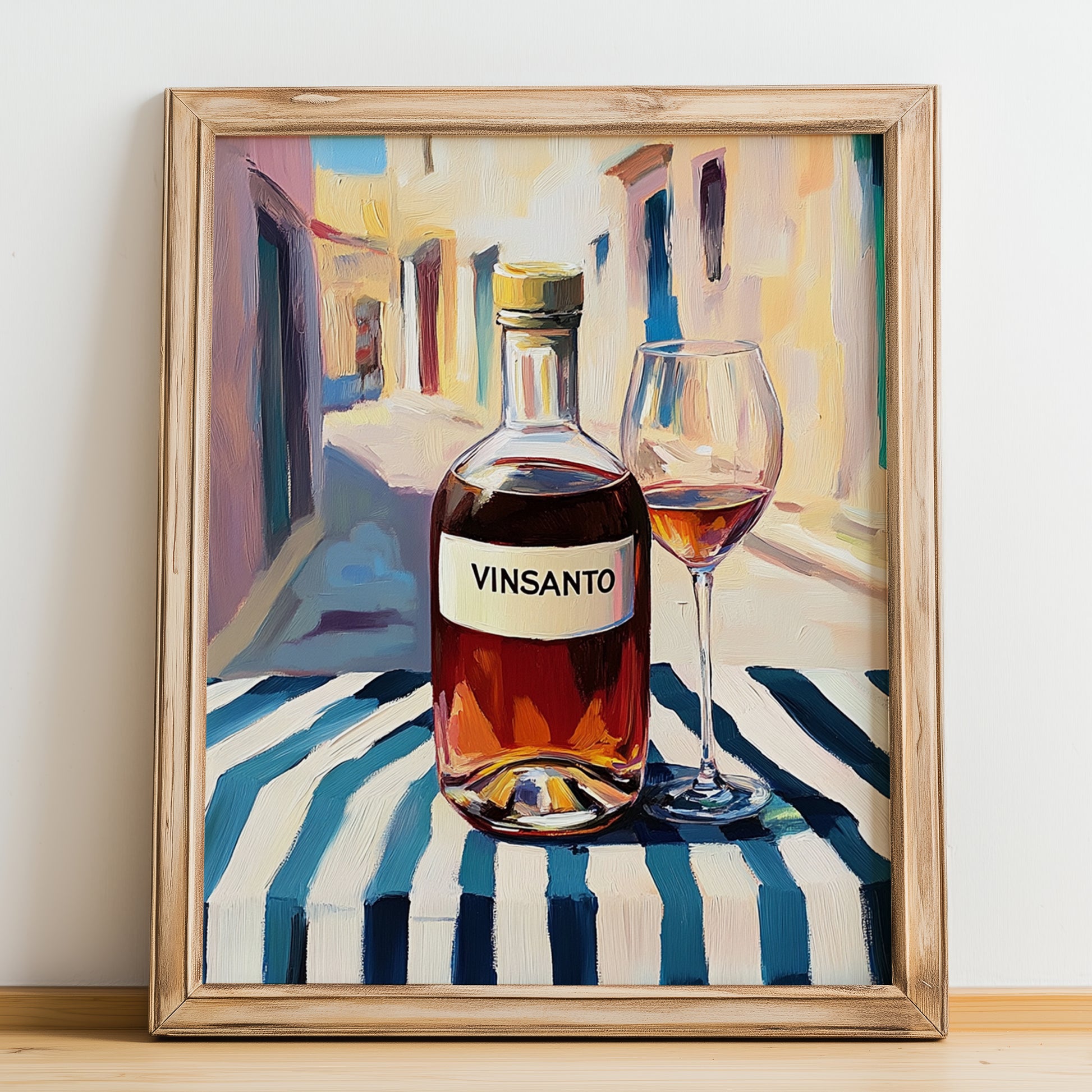 Vinsanto – Greek Urban Café Scene, Greek Wine Poster, no-text version framed in wood