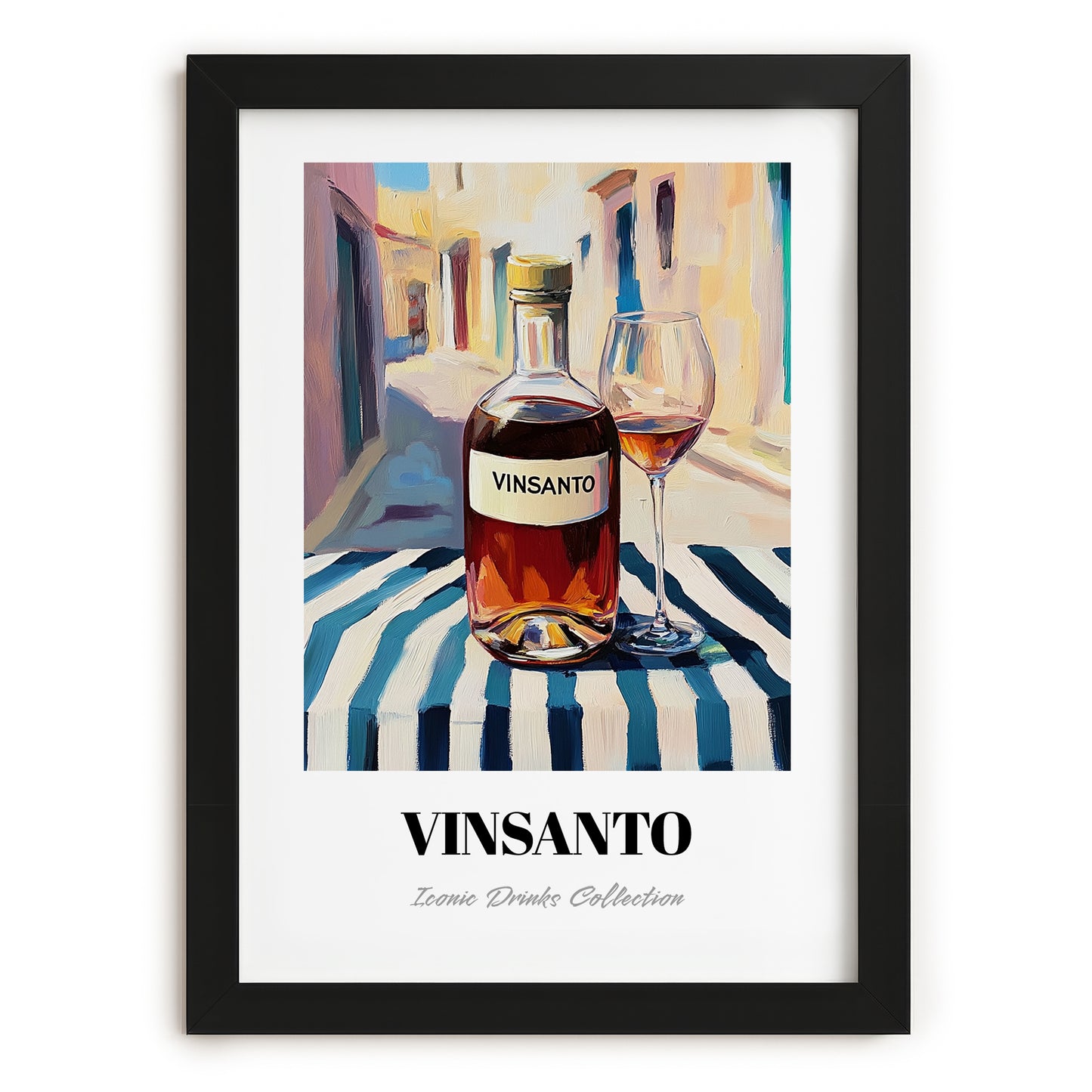 Vinsanto – Greek Urban Café Scene, Greek Wine Poster, in sleek black frame