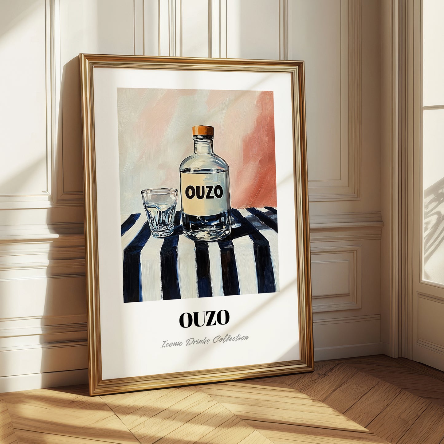 Ouzo – on Striped Tablecloth, Greek Spirit Wall Art
