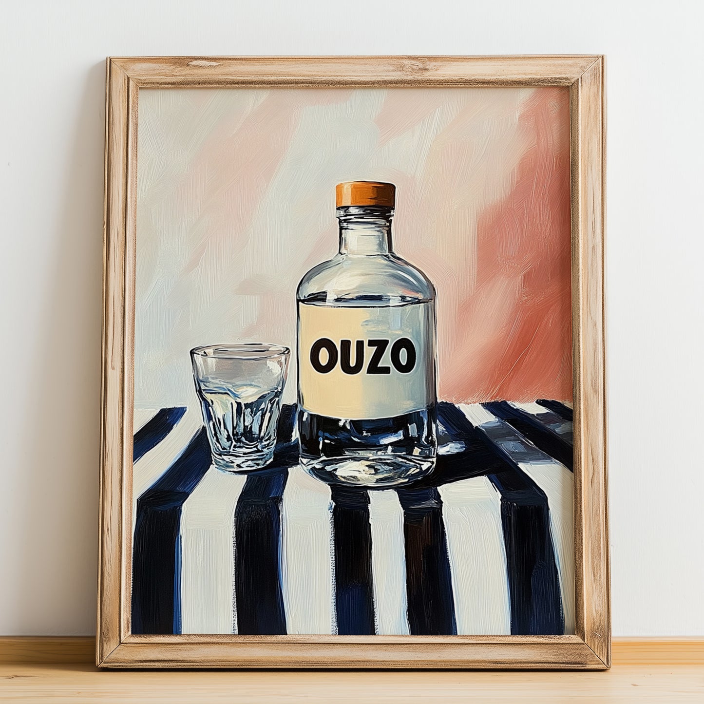 Ouzo – on Striped Tablecloth, Greek Spirit Wall Art, no-text version framed in wood