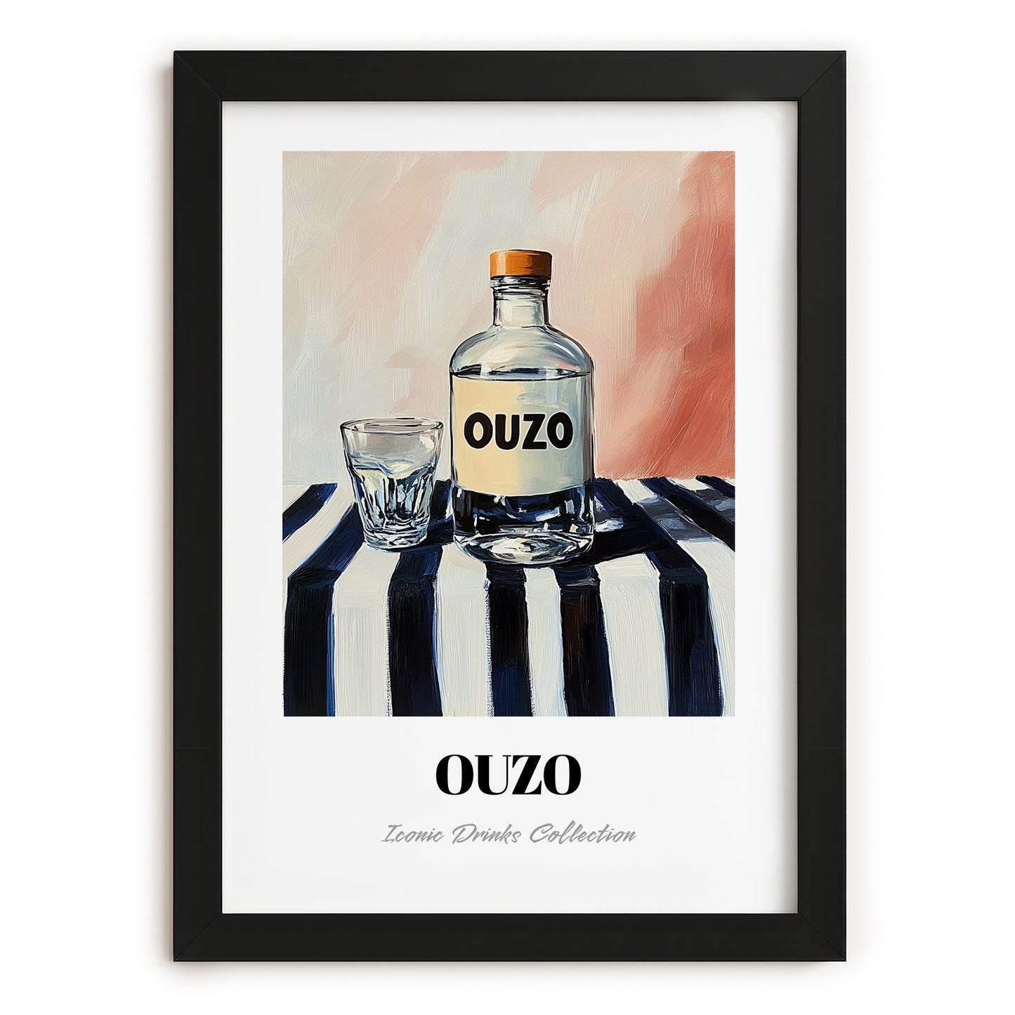 Ouzo – on Striped Tablecloth, Greek Spirit Wall Art, in sleek black frame
