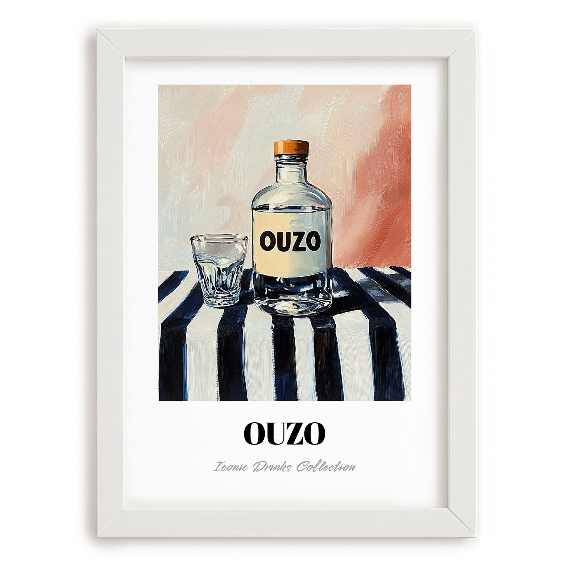 Ouzo – on Striped Tablecloth, Greek Spirit Wall Art, placed in minimal white frame