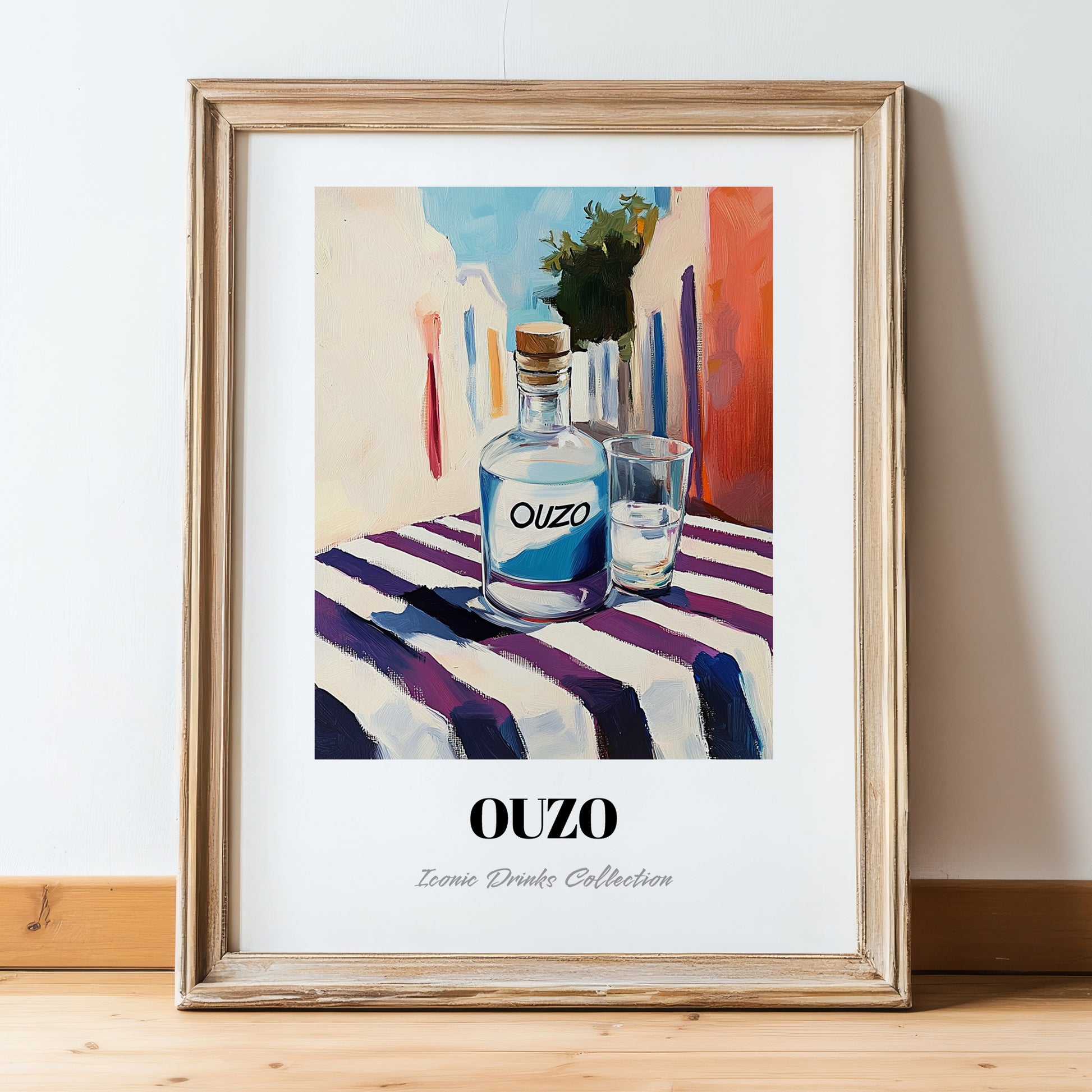 Ouzo – Greek Café on the Corner, Greek Spirit Print, in wooden frame leaning on the floor
