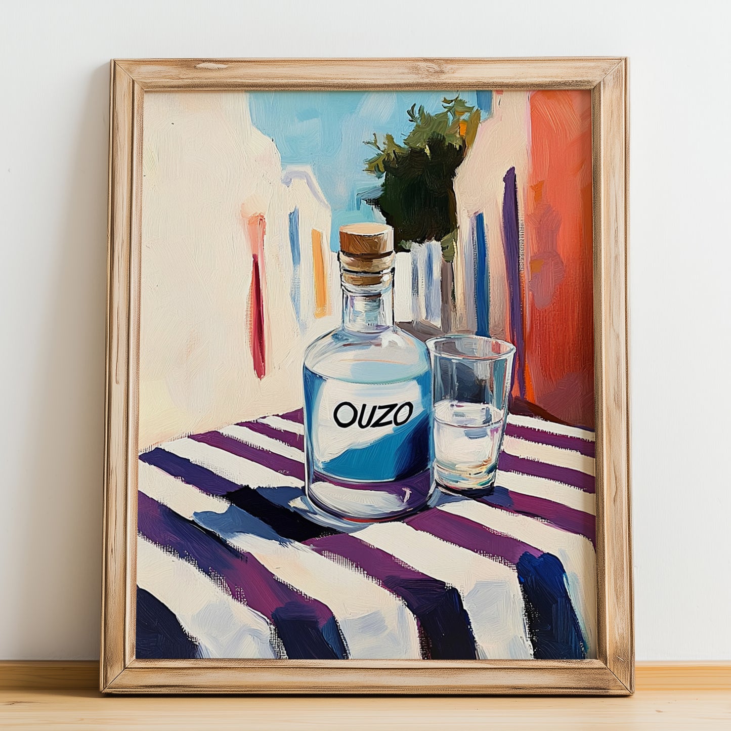 Ouzo – Greek Café on the Corner, Greek Spirit Print, no-text version framed in wood