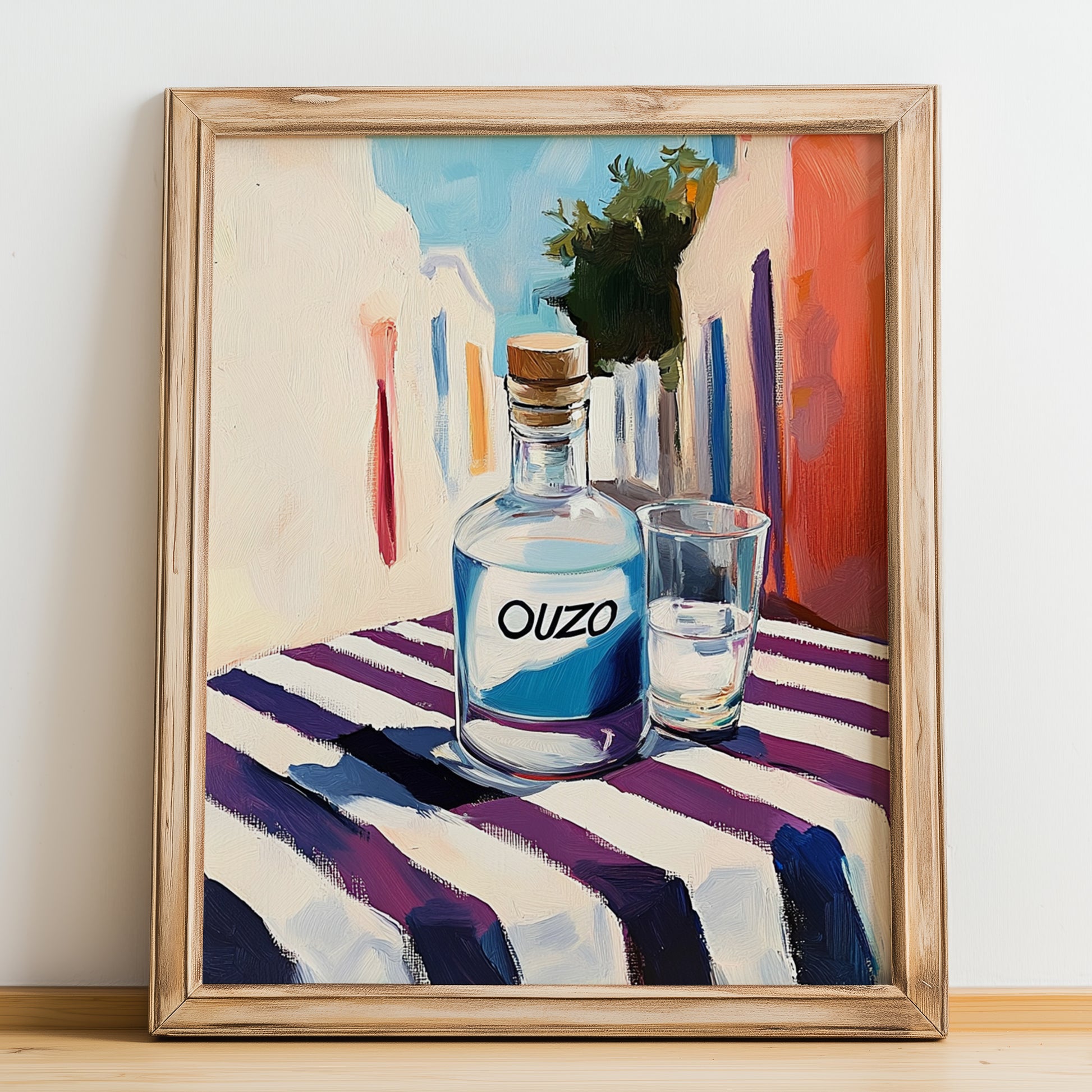 Ouzo – Greek Café on the Corner, Greek Spirit Print, no-text version framed in wood