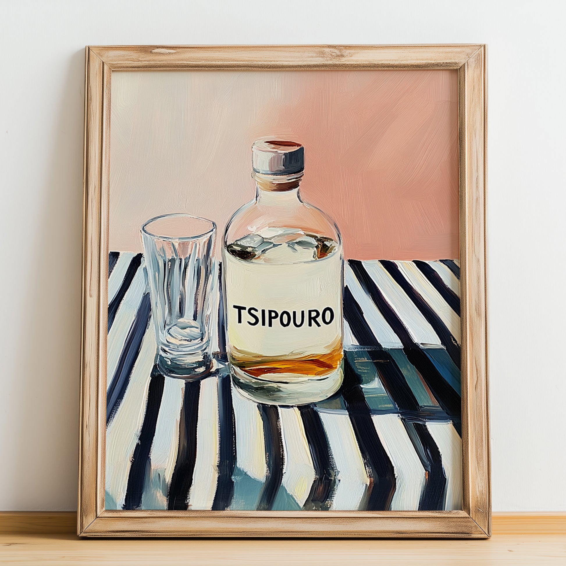 Tsipouro – on Striped Tablecloth, Greek Spirit Print, no-text version framed in wood