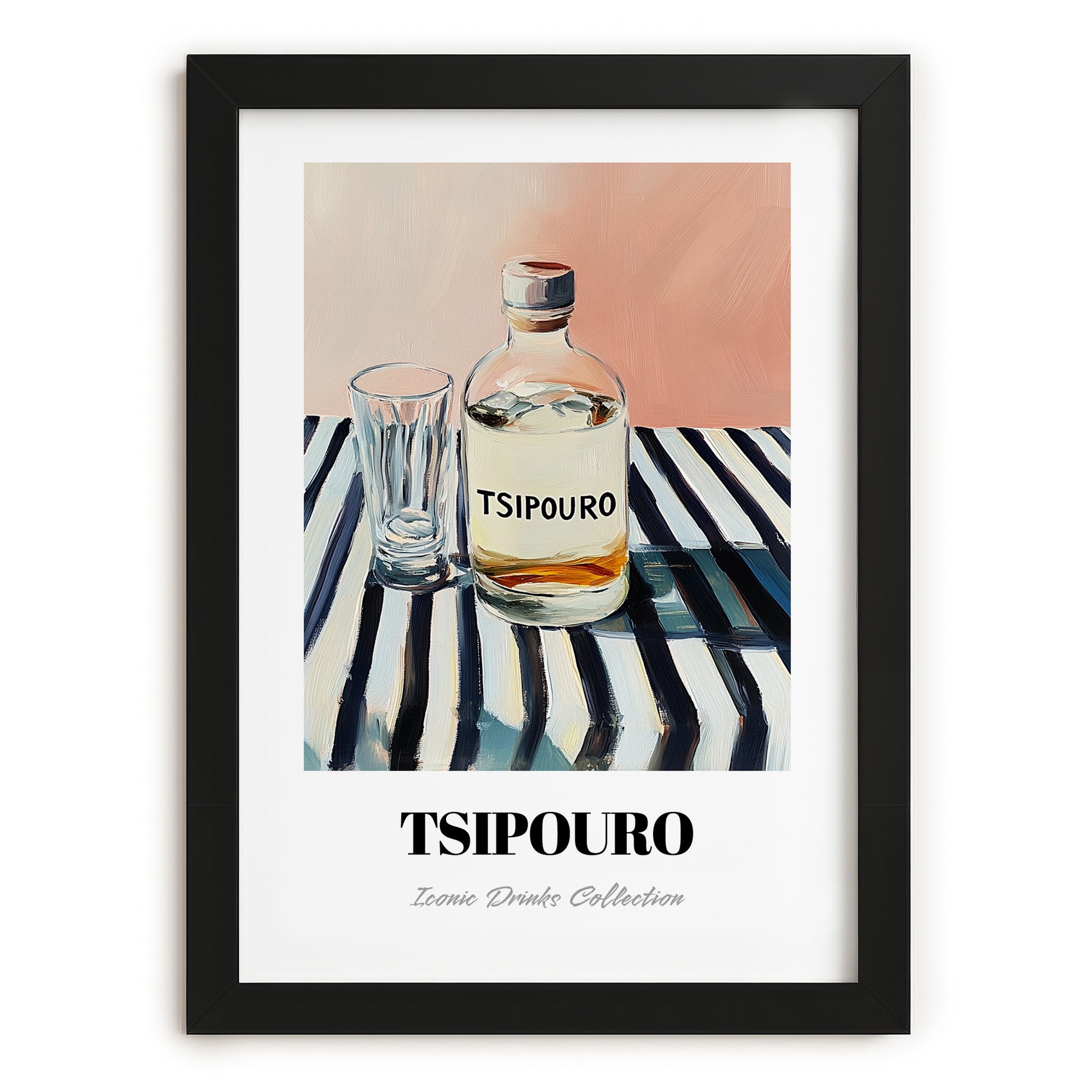 Tsipouro – on Striped Tablecloth, Greek Spirit Print, in sleek black frame
