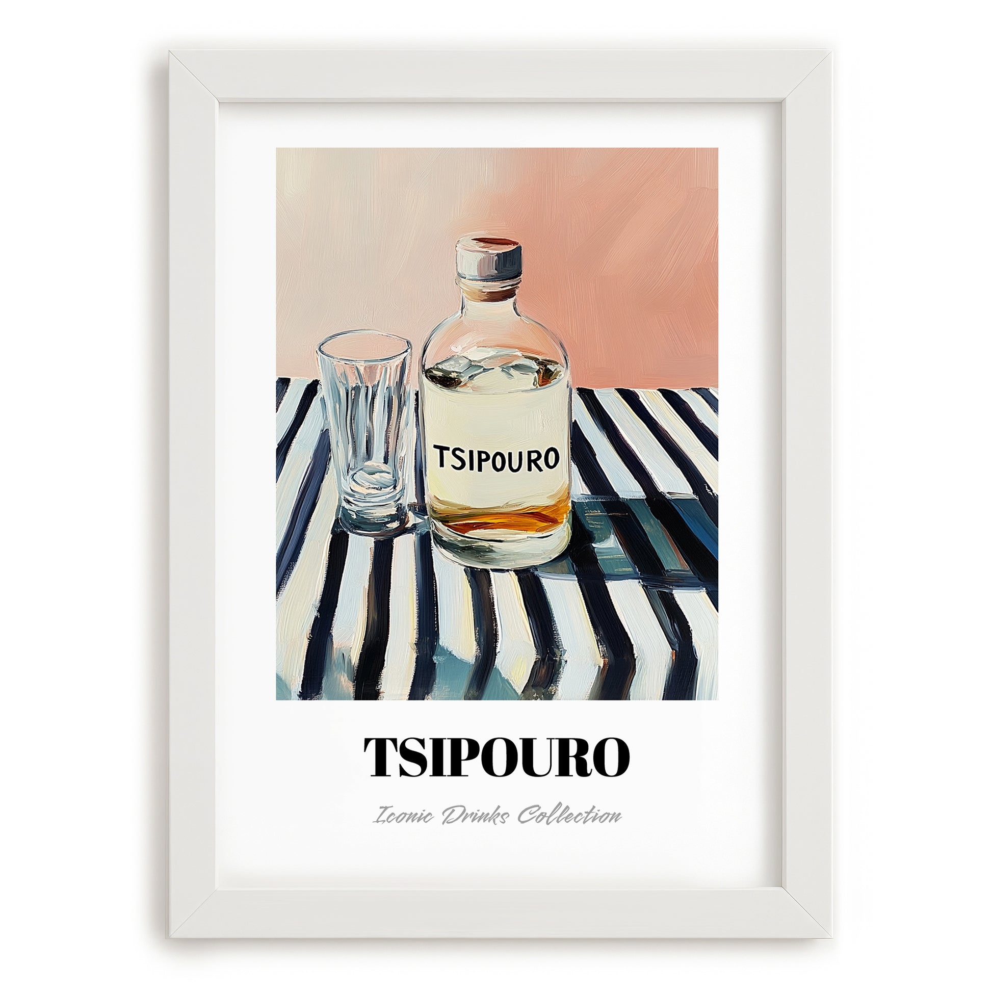 Tsipouro – on Striped Tablecloth, Greek Spirit Print, placed in minimal white frame