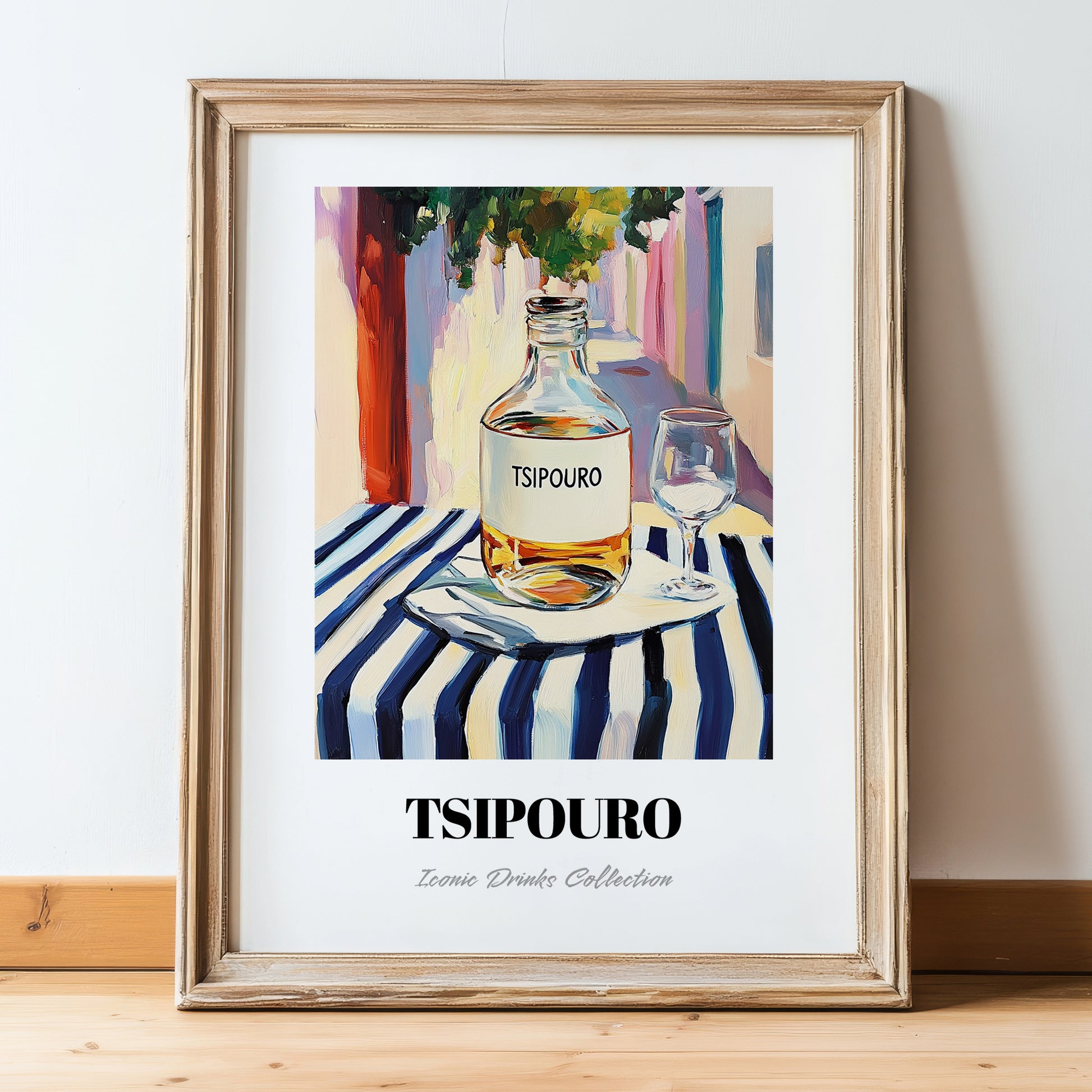 Tsipouro – Greek Street Café Scene, Greek Spirit Poster, in wooden frame leaning on the floor