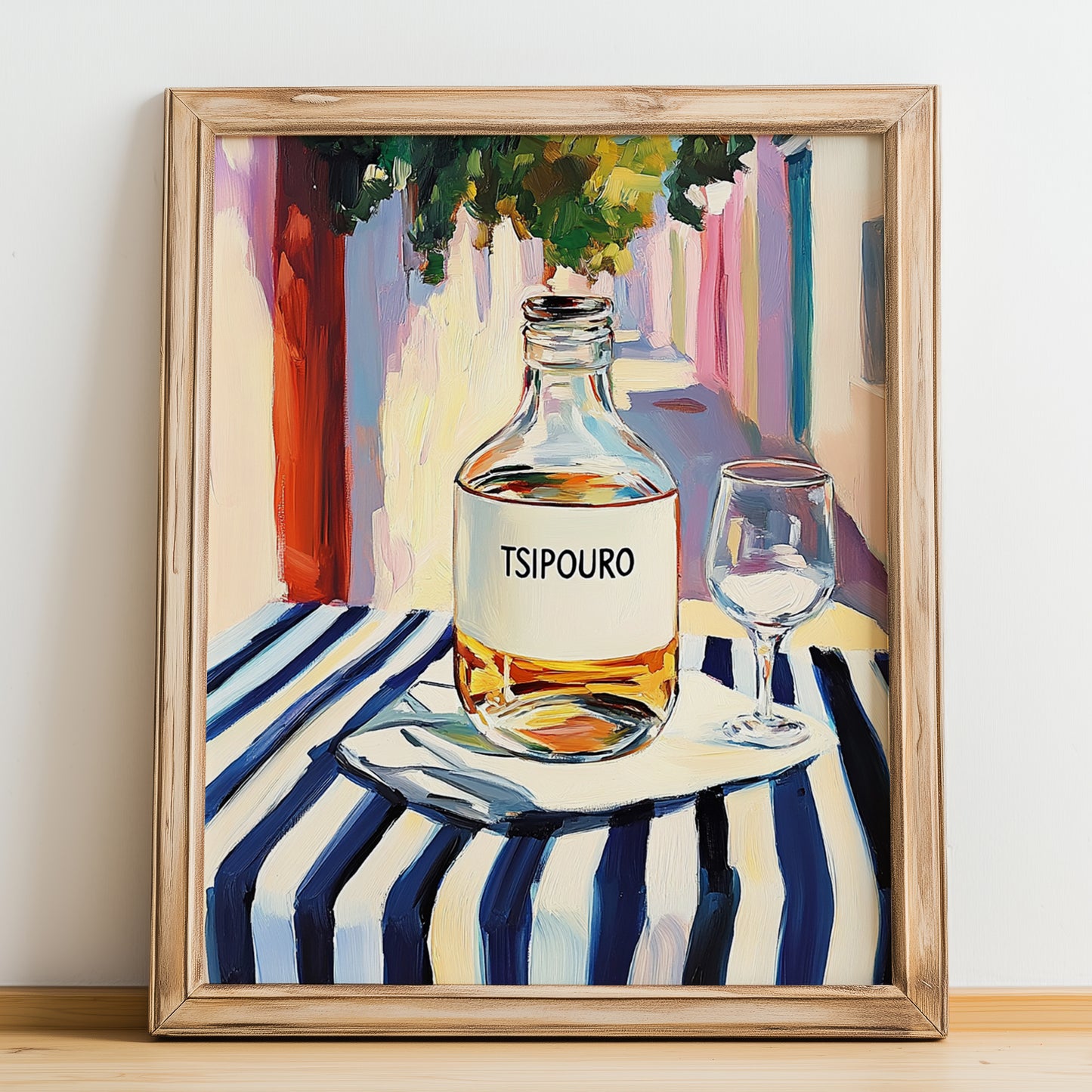 Tsipouro – Greek Street Café Scene, Greek Spirit Poster, no-text version framed in wood