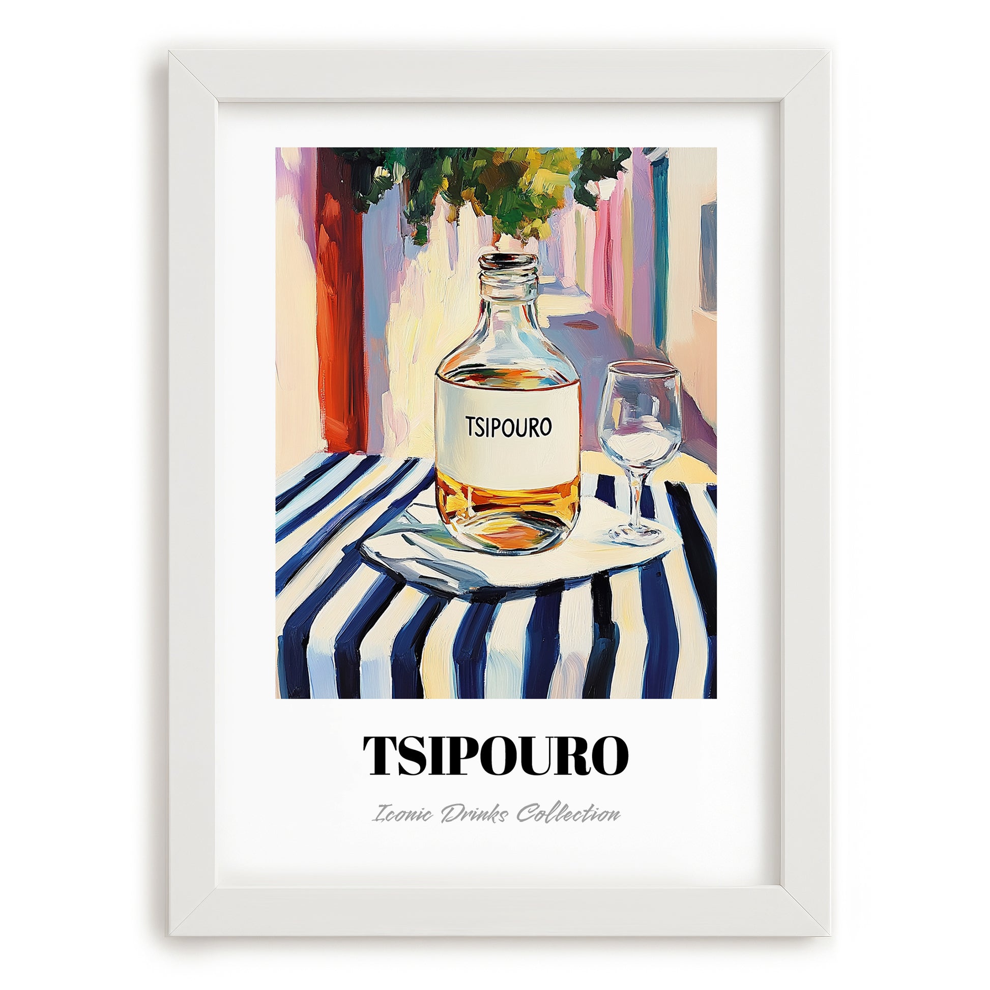Tsipouro – Greek Street Café Scene, Greek Spirit Poster, placed in minimal white frame